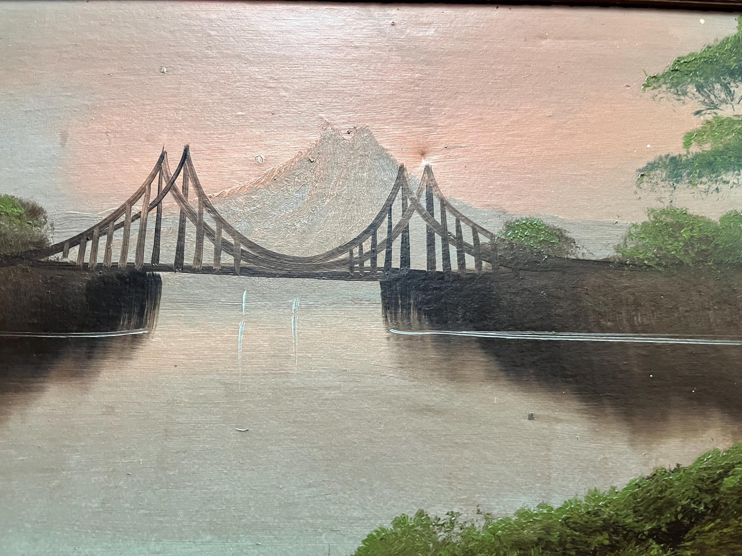 Beautiful antique 26 x 14“ framed original painting on board — lovely detail and great condition for age — harbour mountain scene -