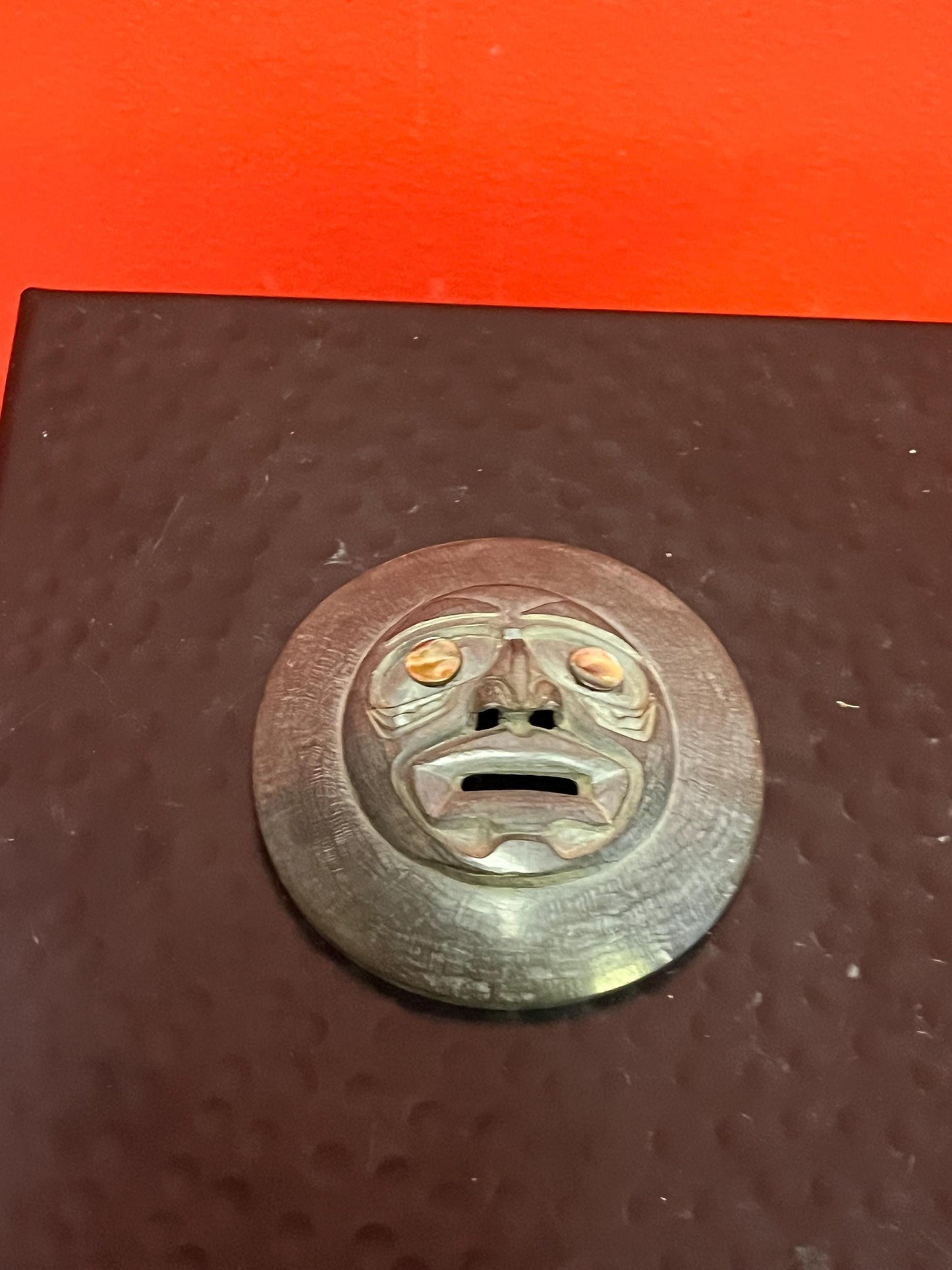 3 inch stunning argillite moon mask with abalone eyes  wonderful condition and amazing imagery!