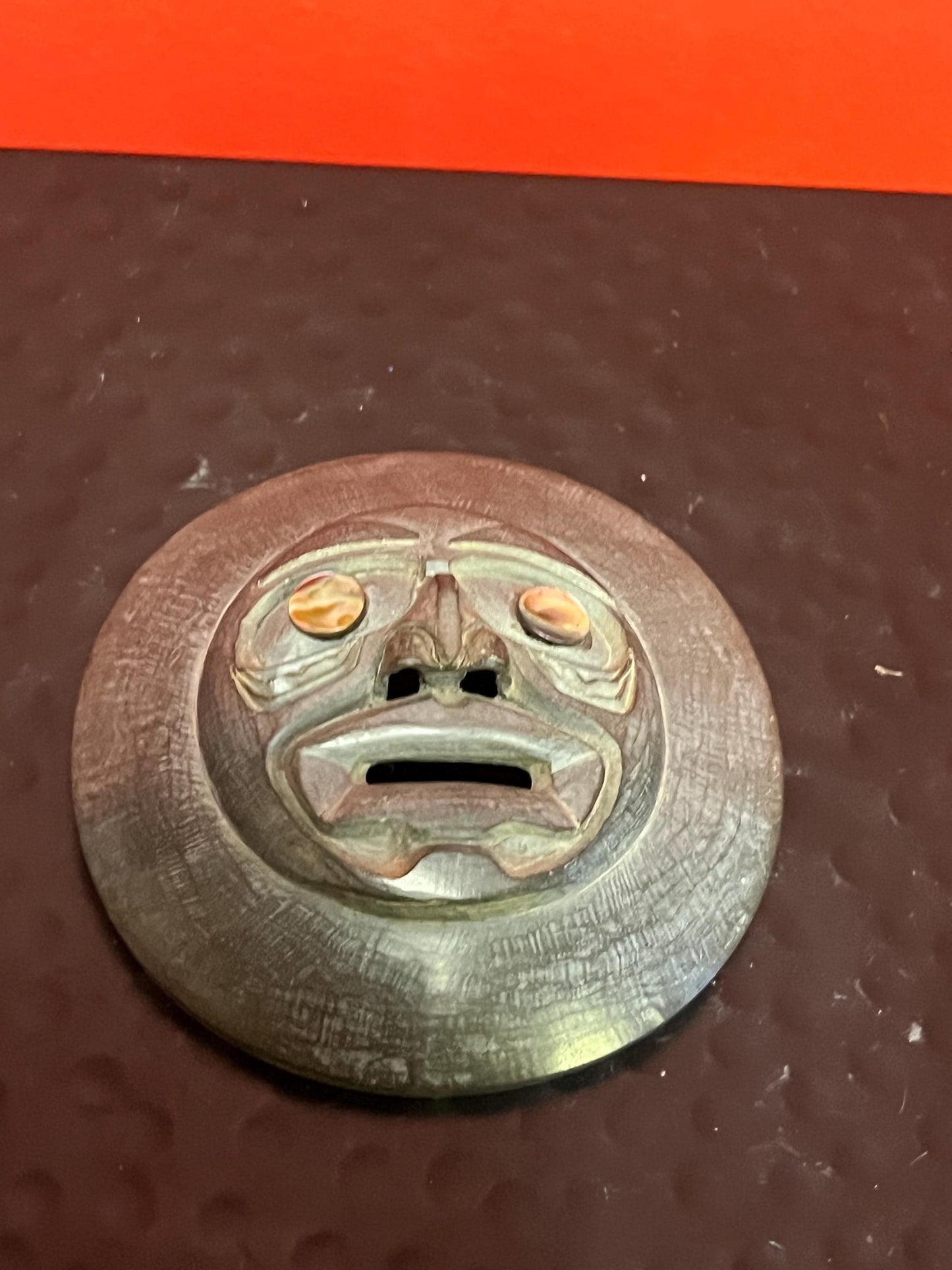 3 inch stunning argillite moon mask with abalone eyes  wonderful condition and amazing imagery!