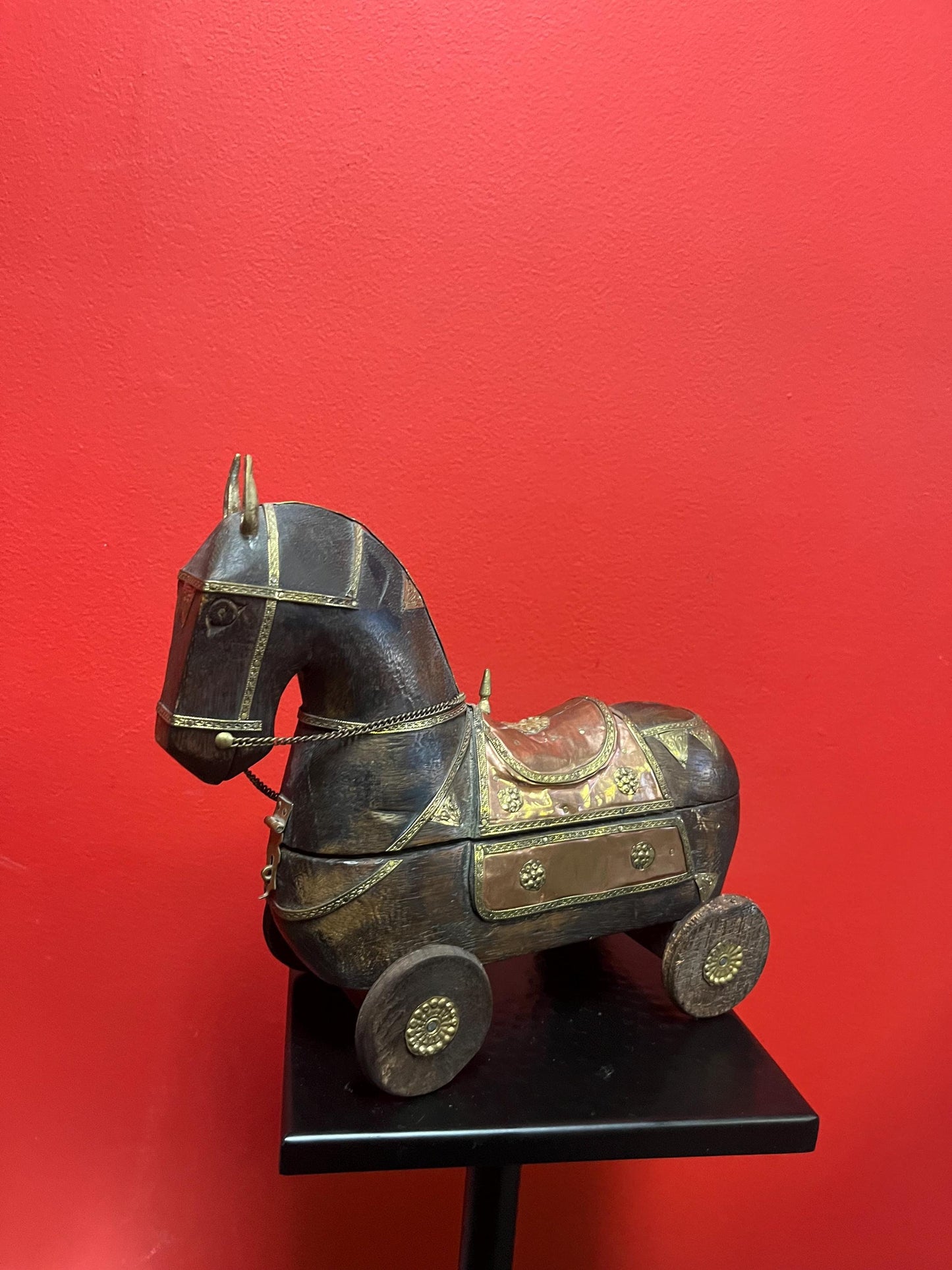 Absolutely stunning southeast Asian copper, brass and wooden horse box  on wheels  delightful Asian piece  9 x 6 high