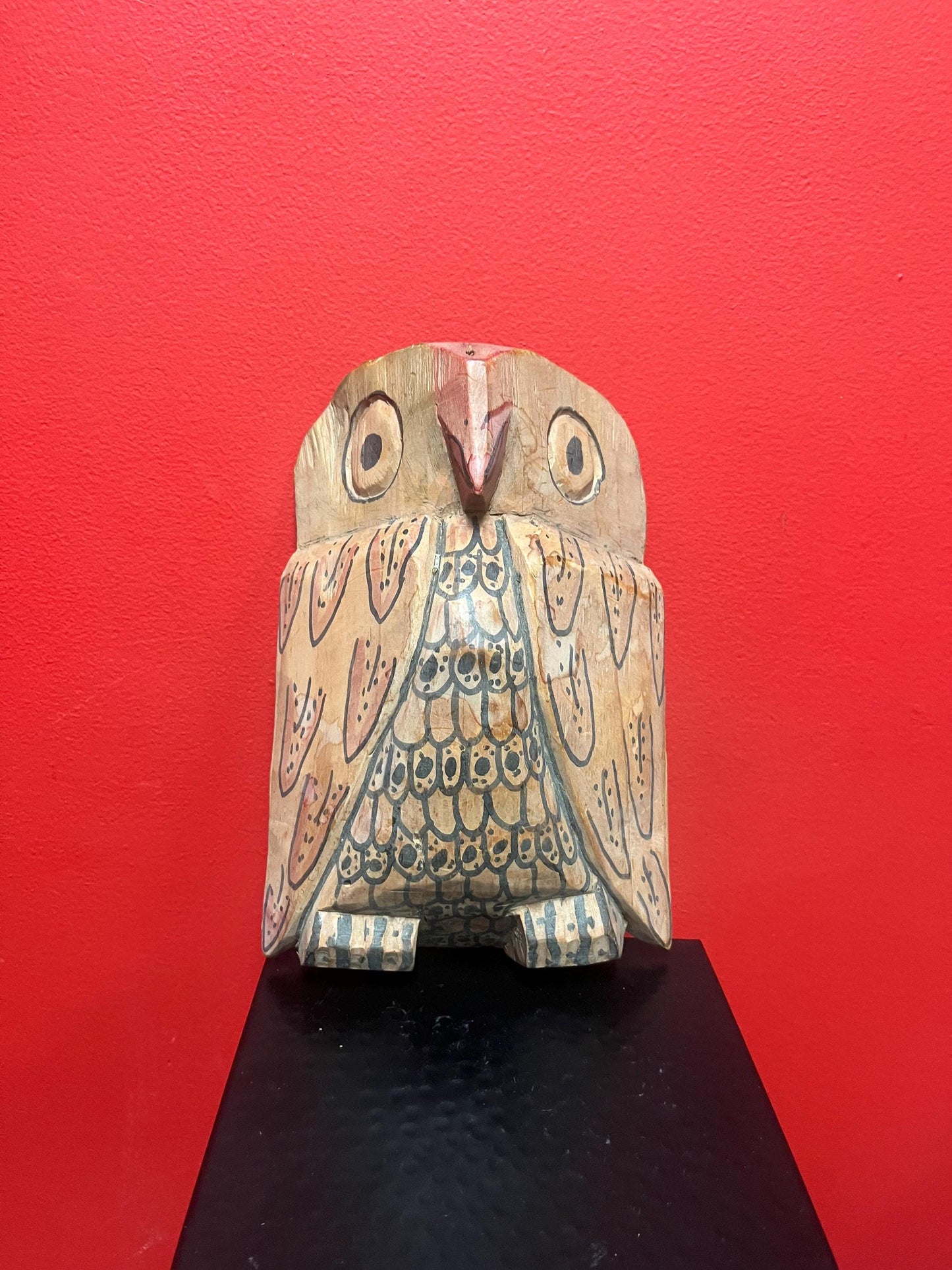 Very cool 10 inch tall primitive owl mask   great patina and fabulous imagery  wow
