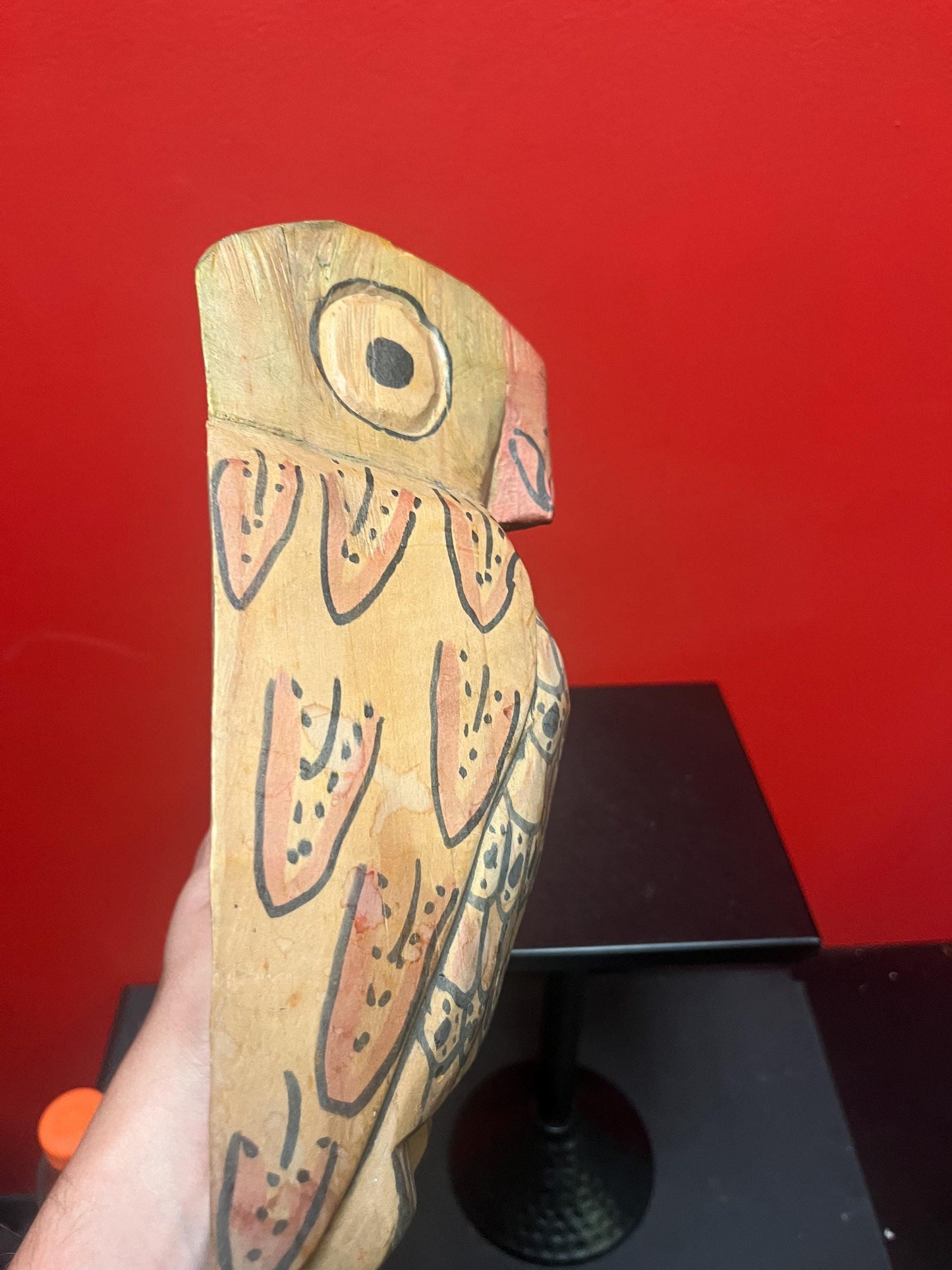 Very cool 10 inch tall primitive owl mask   great patina and fabulous imagery  wow