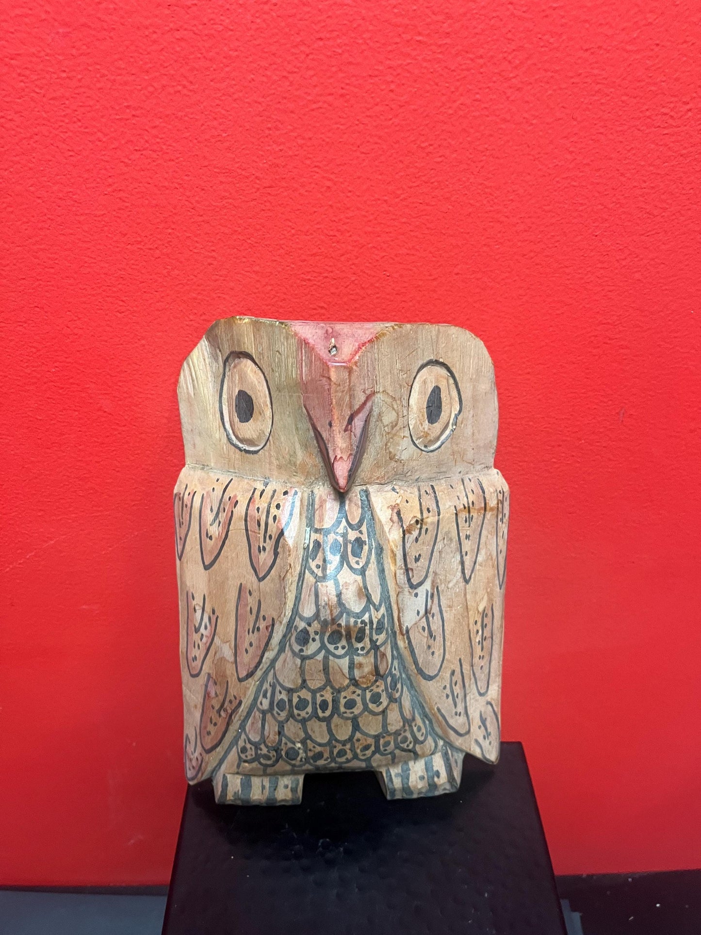 Very cool 10 inch tall primitive owl mask   great patina and fabulous imagery  wow