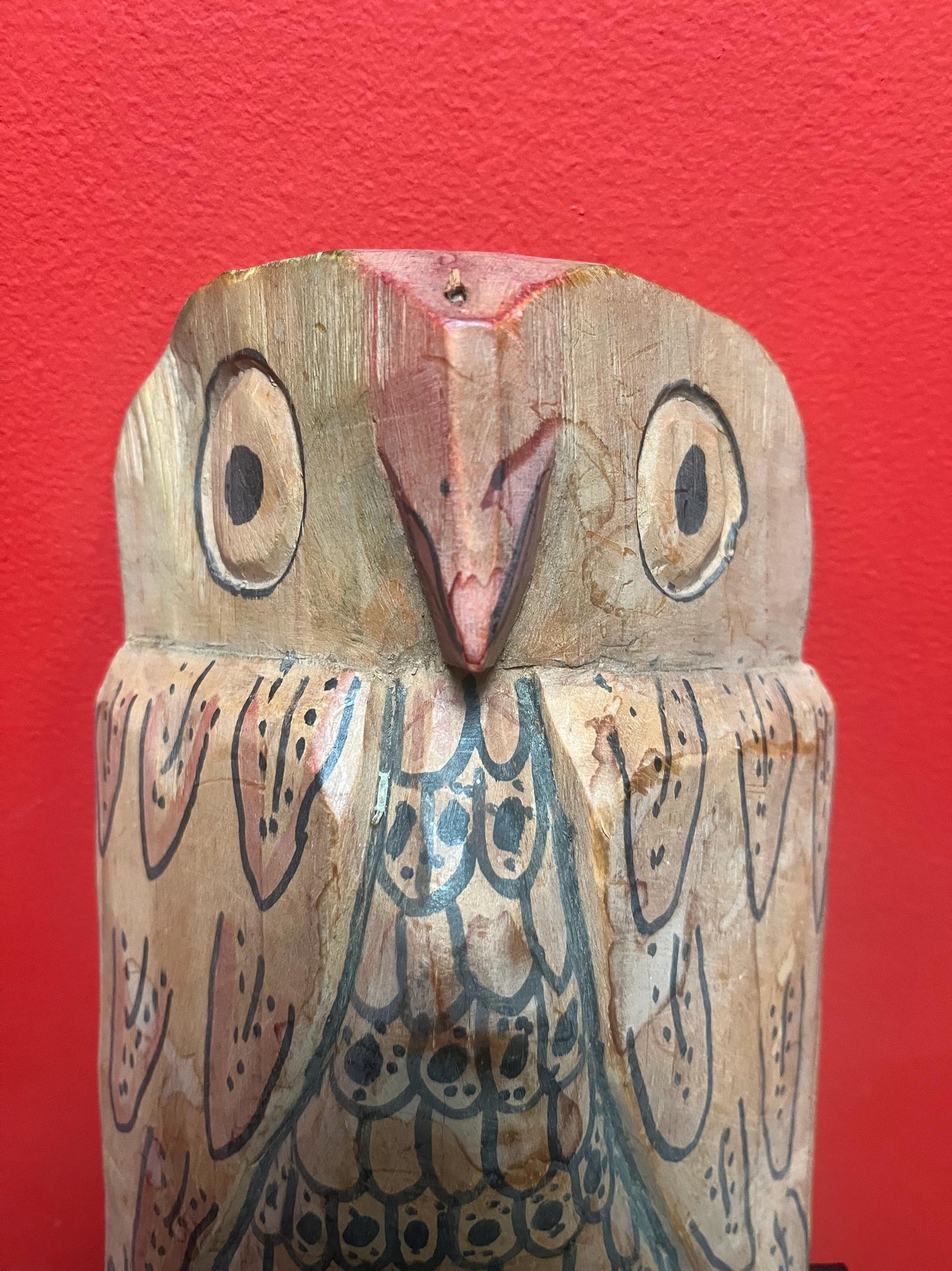 Very cool 10 inch tall primitive owl mask   great patina and fabulous imagery  wow