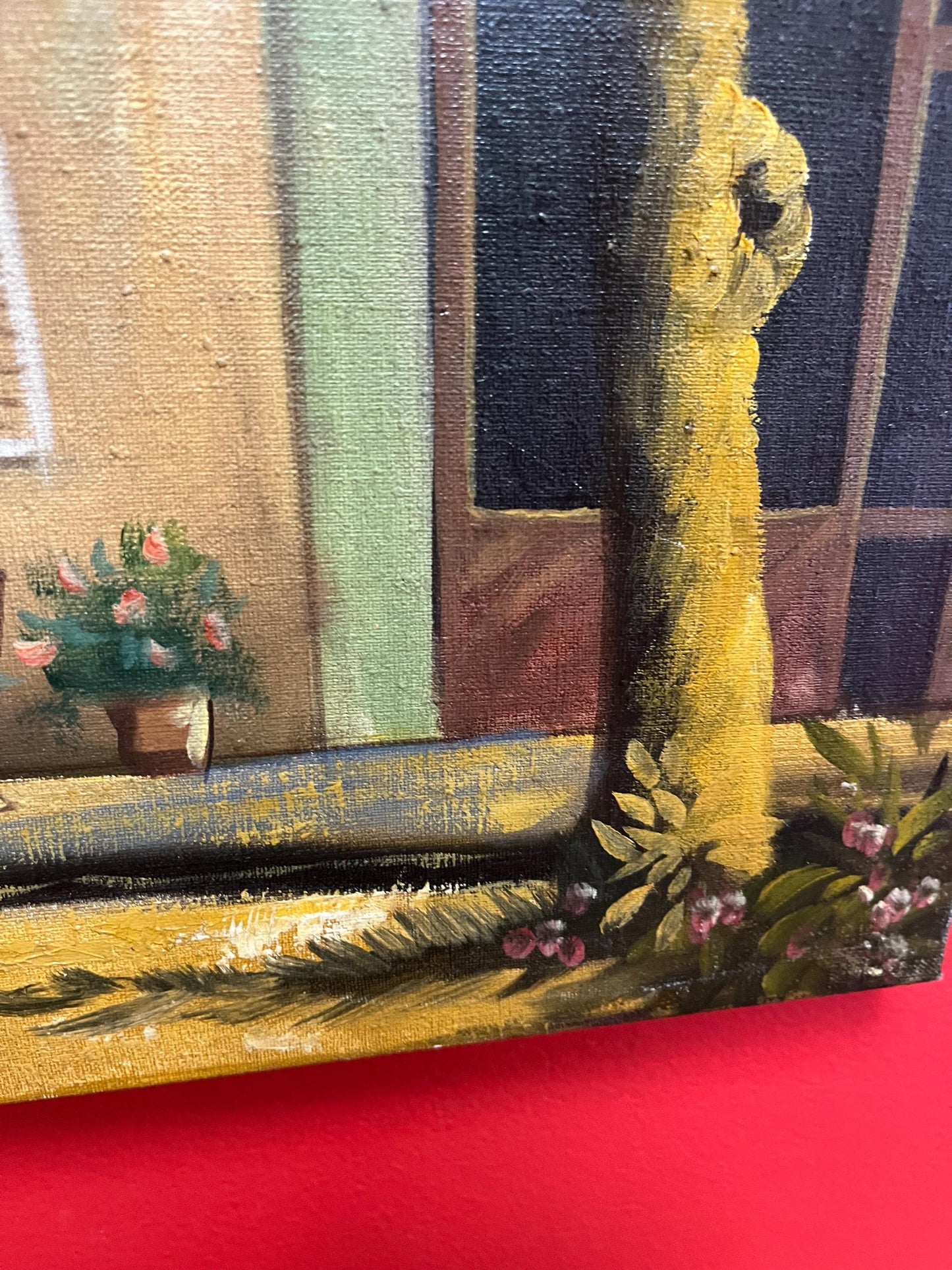 20 x 16 inch old original painting on canvas   lovely building scene  antique good condition