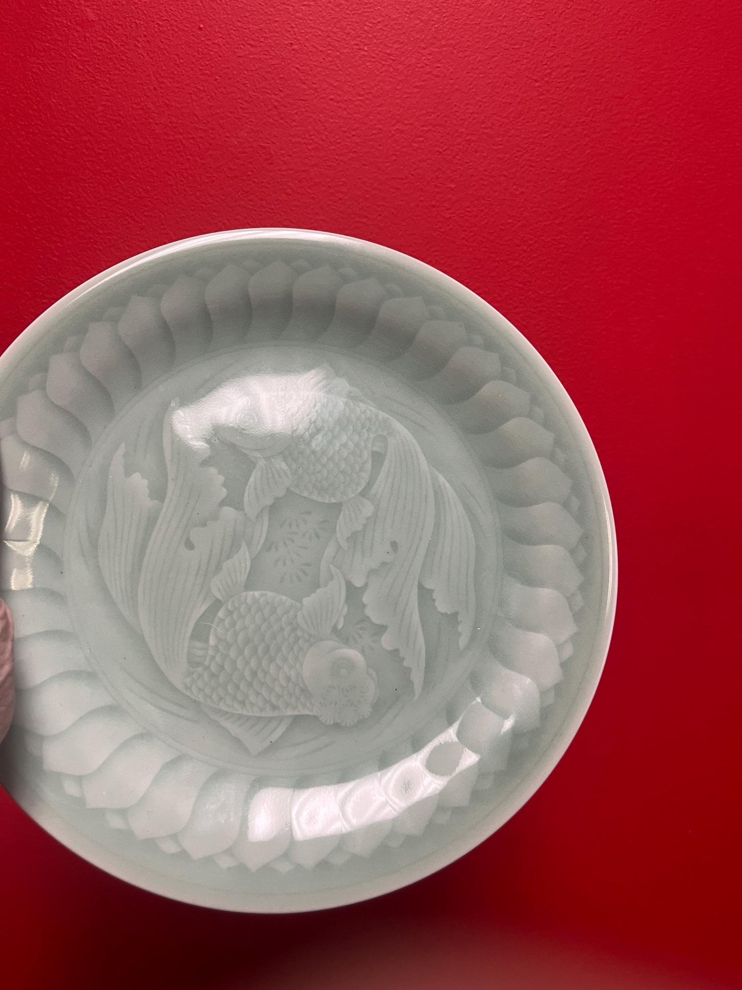 Wow  fabulous  Chinese signed celadon 10 inch wide charger depicting koi fish  beautiful imagery perfect condition