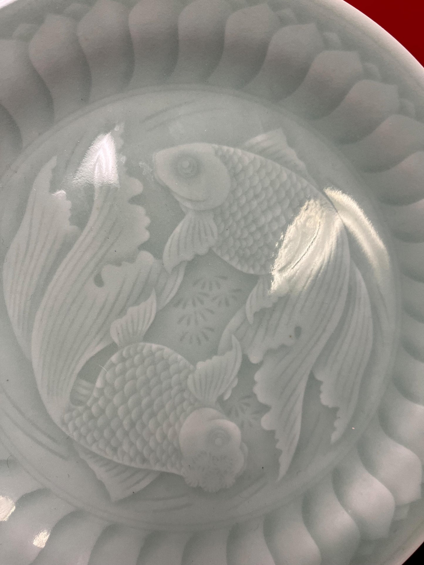 Wow  fabulous  Chinese signed celadon 10 inch wide charger depicting koi fish  beautiful imagery perfect condition