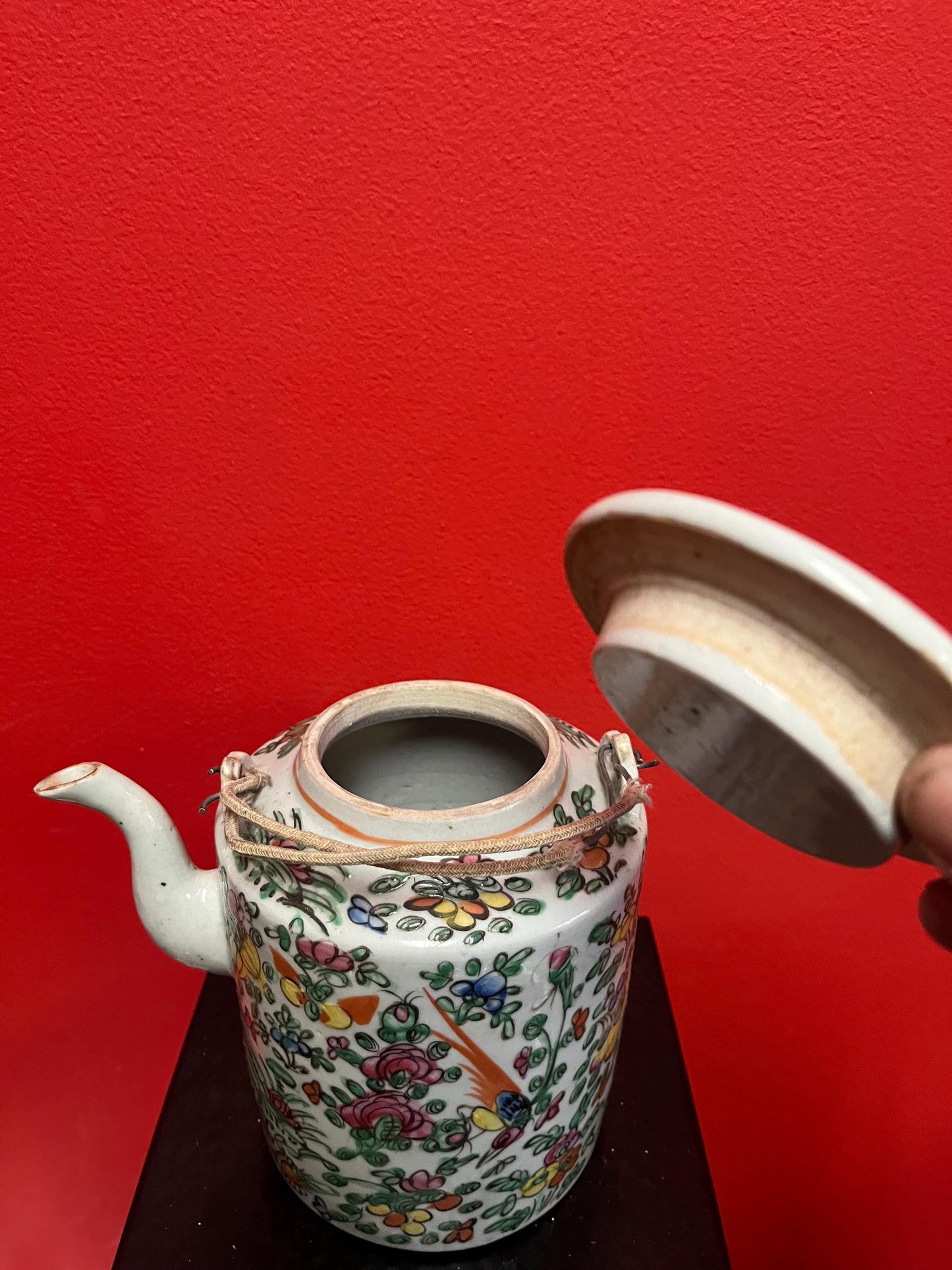 Stunning 9 inch high 19 century Chinese Cantonese famille rose teapot with original lid  fabulous condition and wonderful price