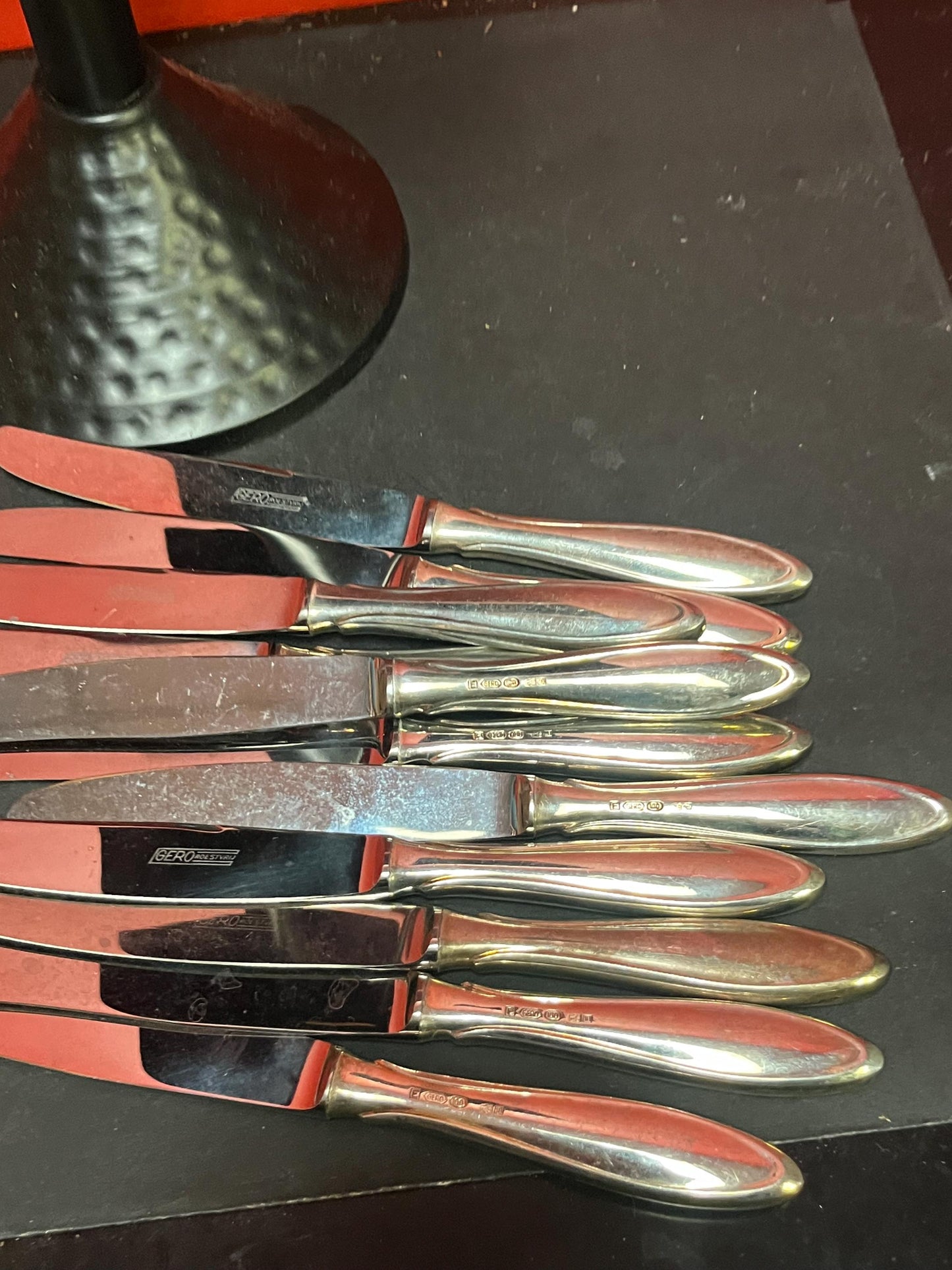 Gorgeous set of 11 silver plated German lunch knives  Great condition need polishing and 8 inches long   great value