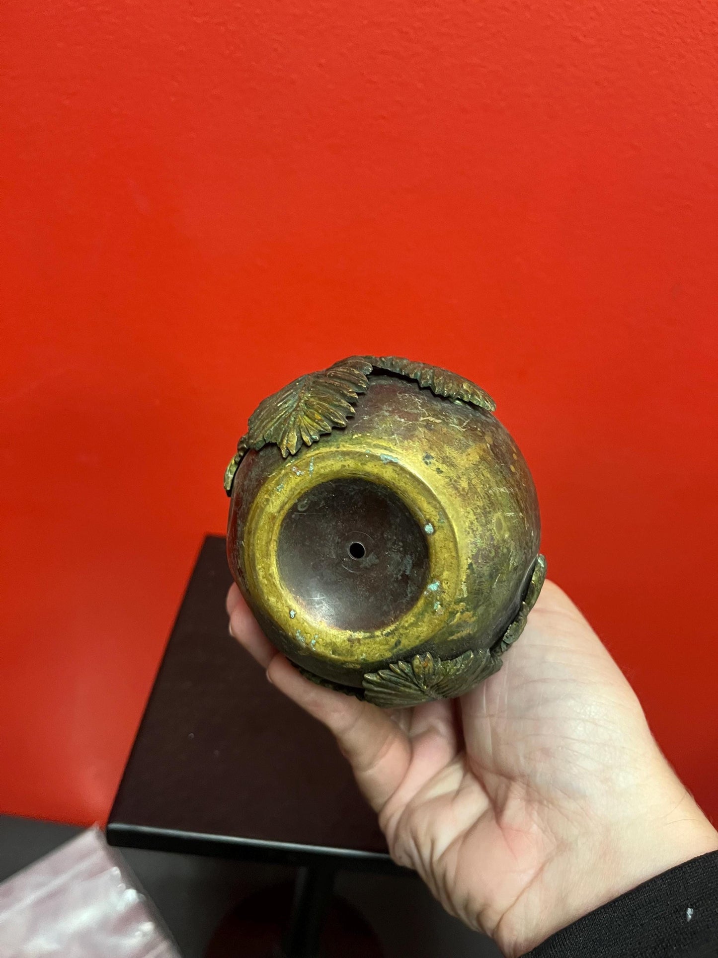 Fabulous Japanese bronze and brass 6 inch handled plant pot  original insert  stunning patina  really beautiful antique bronze piece