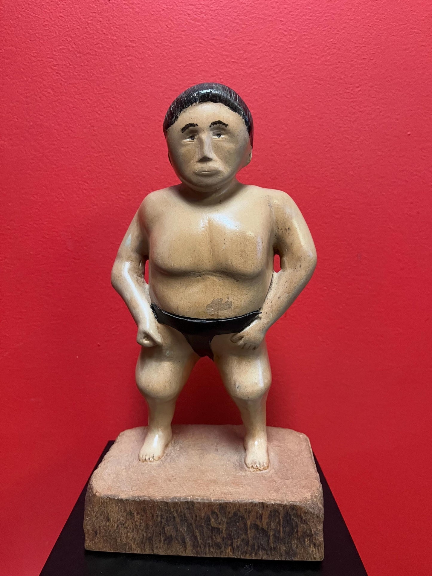 Beautiful antique Japanese FOLK ART wooden and leather sumo wrestler statue 11 inches tall  amazing patina  Japanese antique