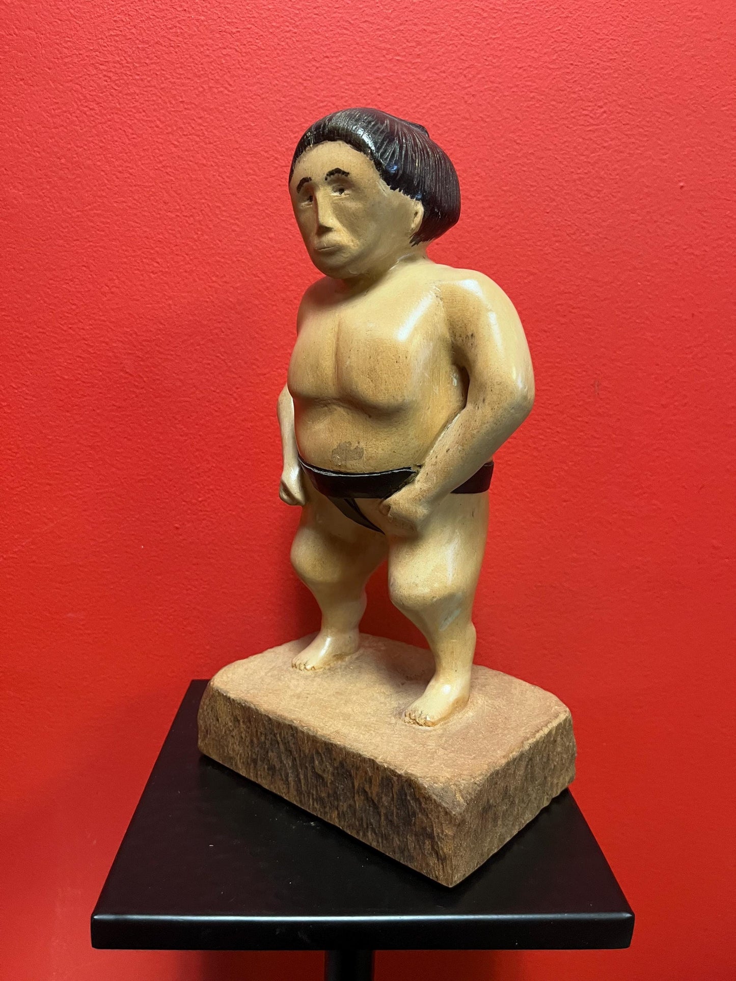 Beautiful antique Japanese FOLK ART wooden and leather sumo wrestler statue 11 inches tall  amazing patina  Japanese antique