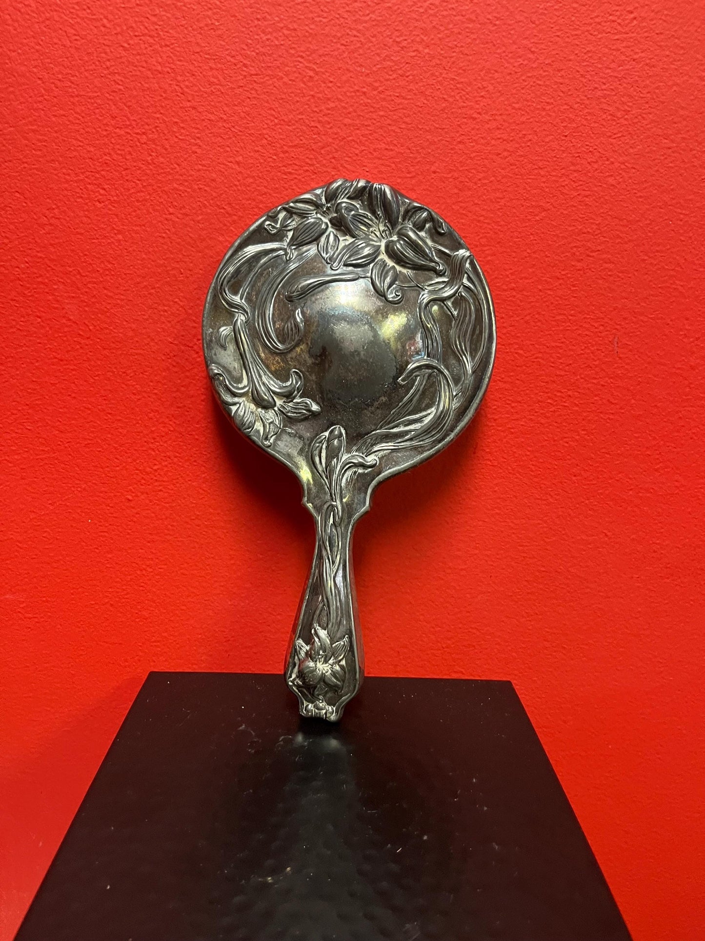 Stunning 10 inch long English antique silver plated hand mirror — Some wear — mirror perfect — wonderful gift