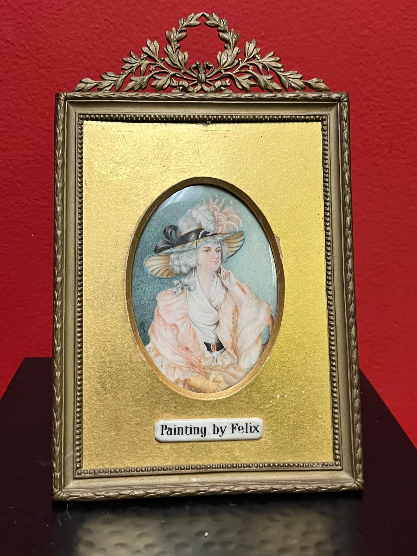 Gorgeous 7.5 x 5 gilt and wood framed painting by Felix on porcelain  19th century European beauty  perfect gift