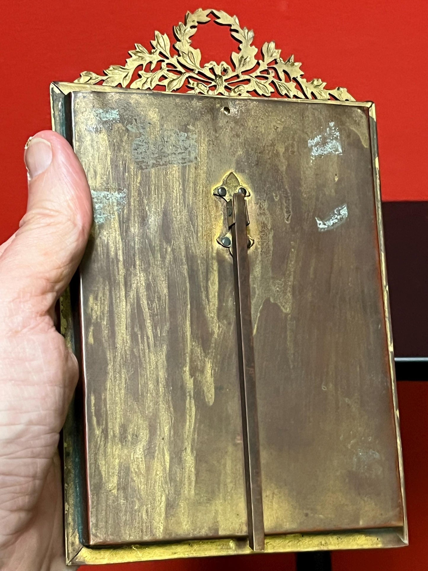 Gorgeous 7.5 x 5 gilt and wood framed painting by Felix on porcelain  19th century European beauty  perfect gift