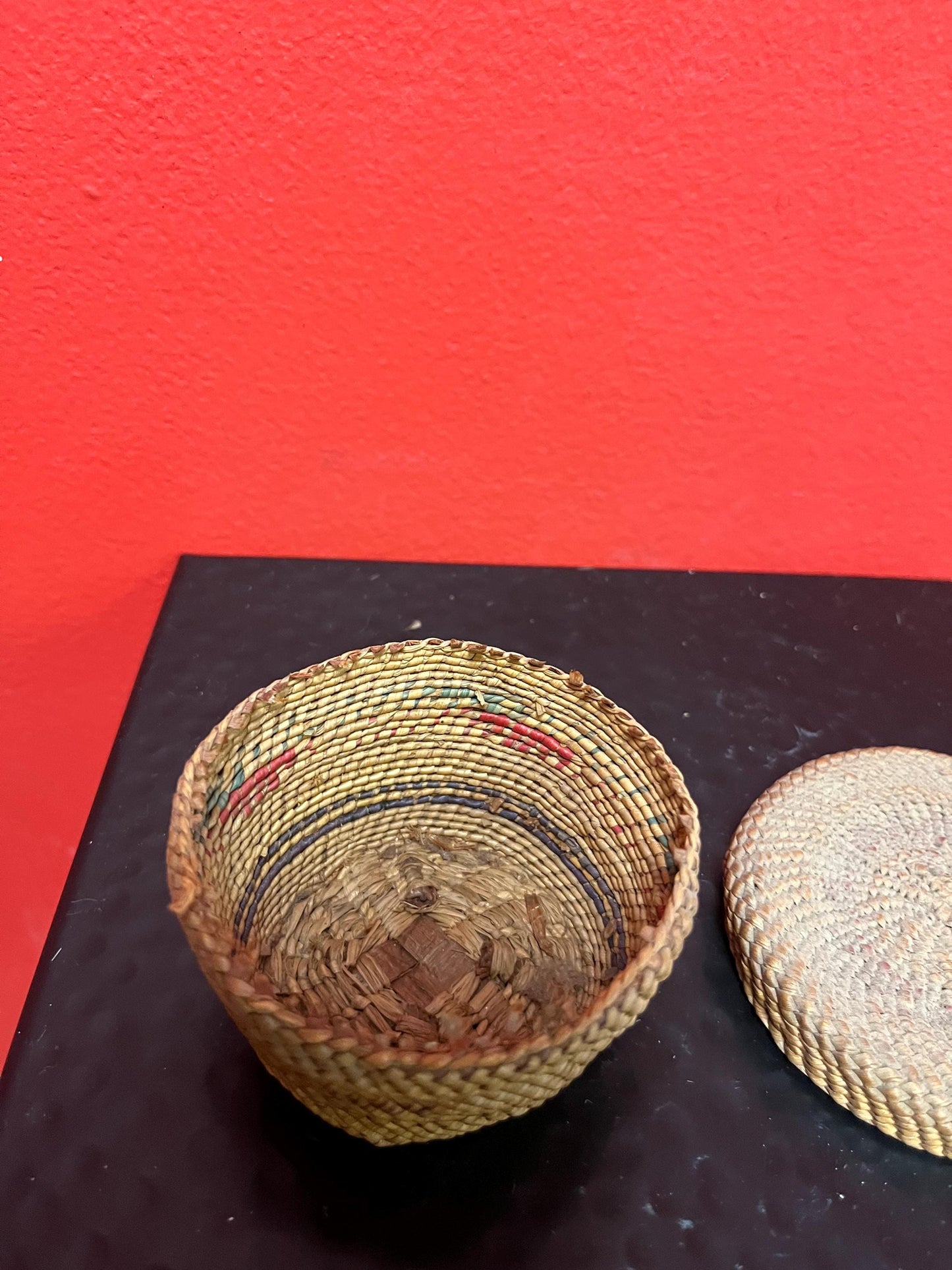 Beautiful little 3 inch indigenous first nations specific northwest Coast woven basket   as is - see photos  great value
