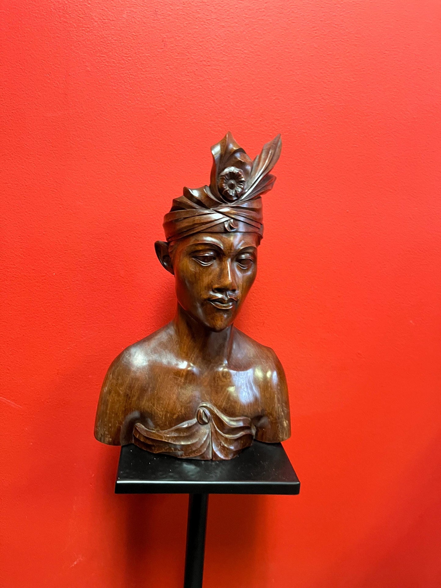 Beautiful heavy 17 inch tall signed wooden statue of a male warrior   Indonesian old  perfect condition and detail