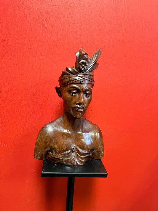 Beautiful heavy 17 inch tall signed wooden statue of a male warrior   Indonesian old  perfect condition and detail