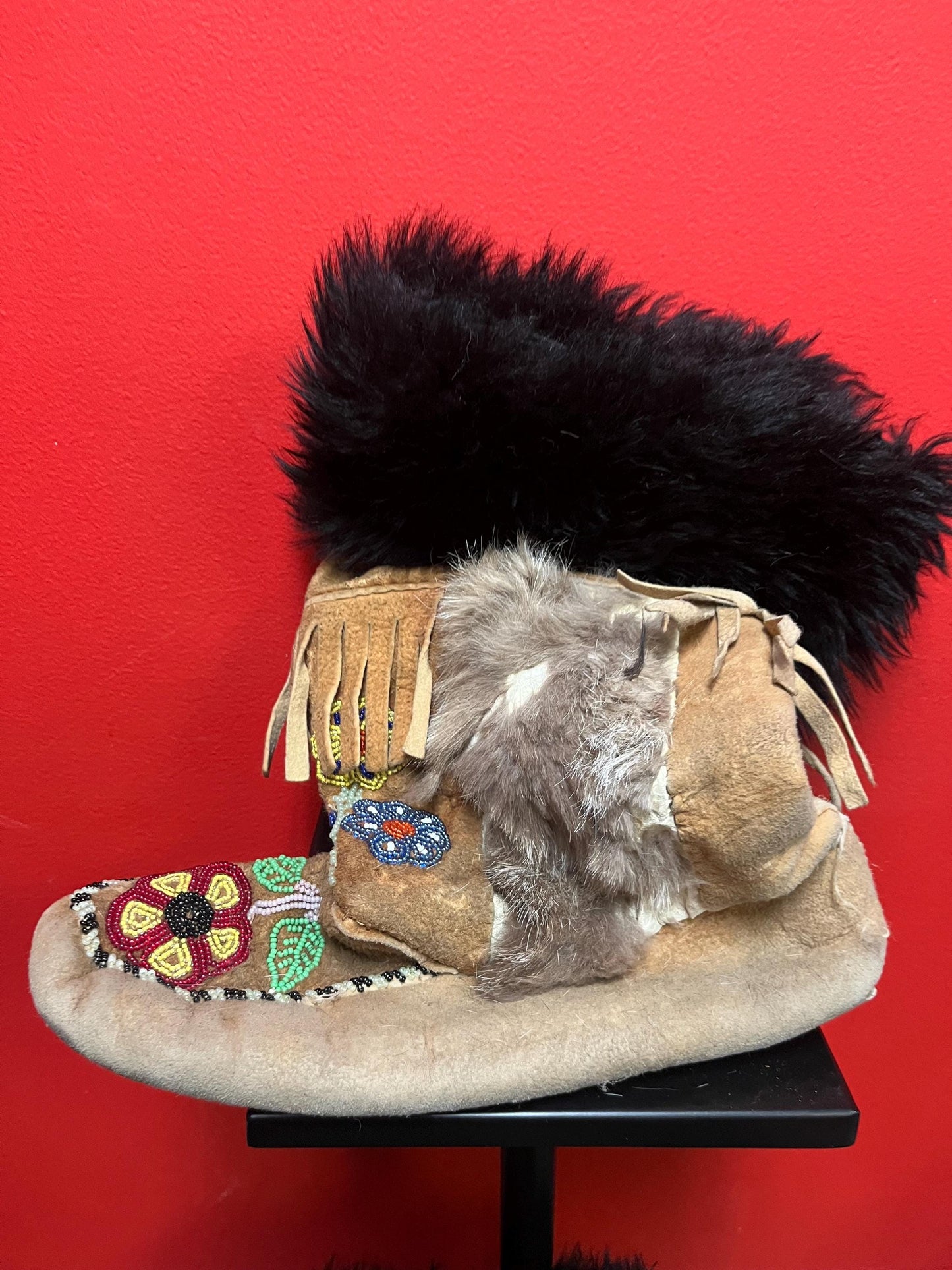 16 x 12 long indigenous first nations specific northwest Coast leather fur beaded moccasins in less than perfect condition  see photos