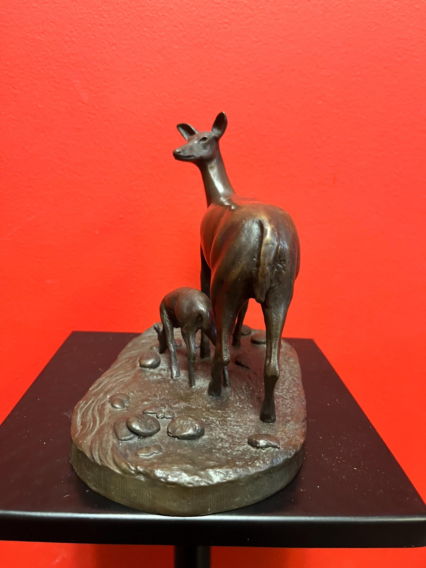 Lovely 8 x  6 1/2 inch high solid bronze antique deer and fawn  great condition and beautiful patina