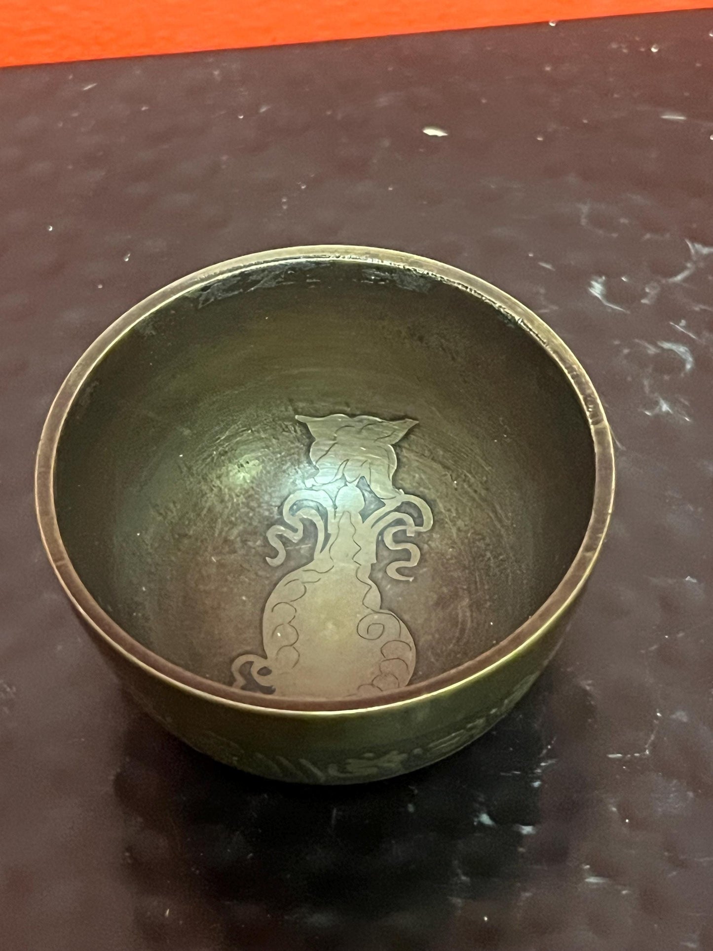 Beautiful antique small Asian bronze singing bowl with stick   believed to be Tibetan  3 x 1.5 high  wonderful detail and patina