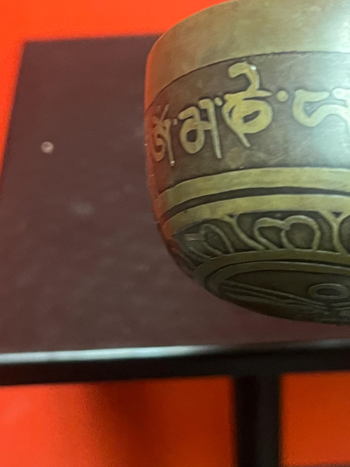 Beautiful antique small Asian bronze singing bowl with stick   believed to be Tibetan  3 x 1.5 high  wonderful detail and patina