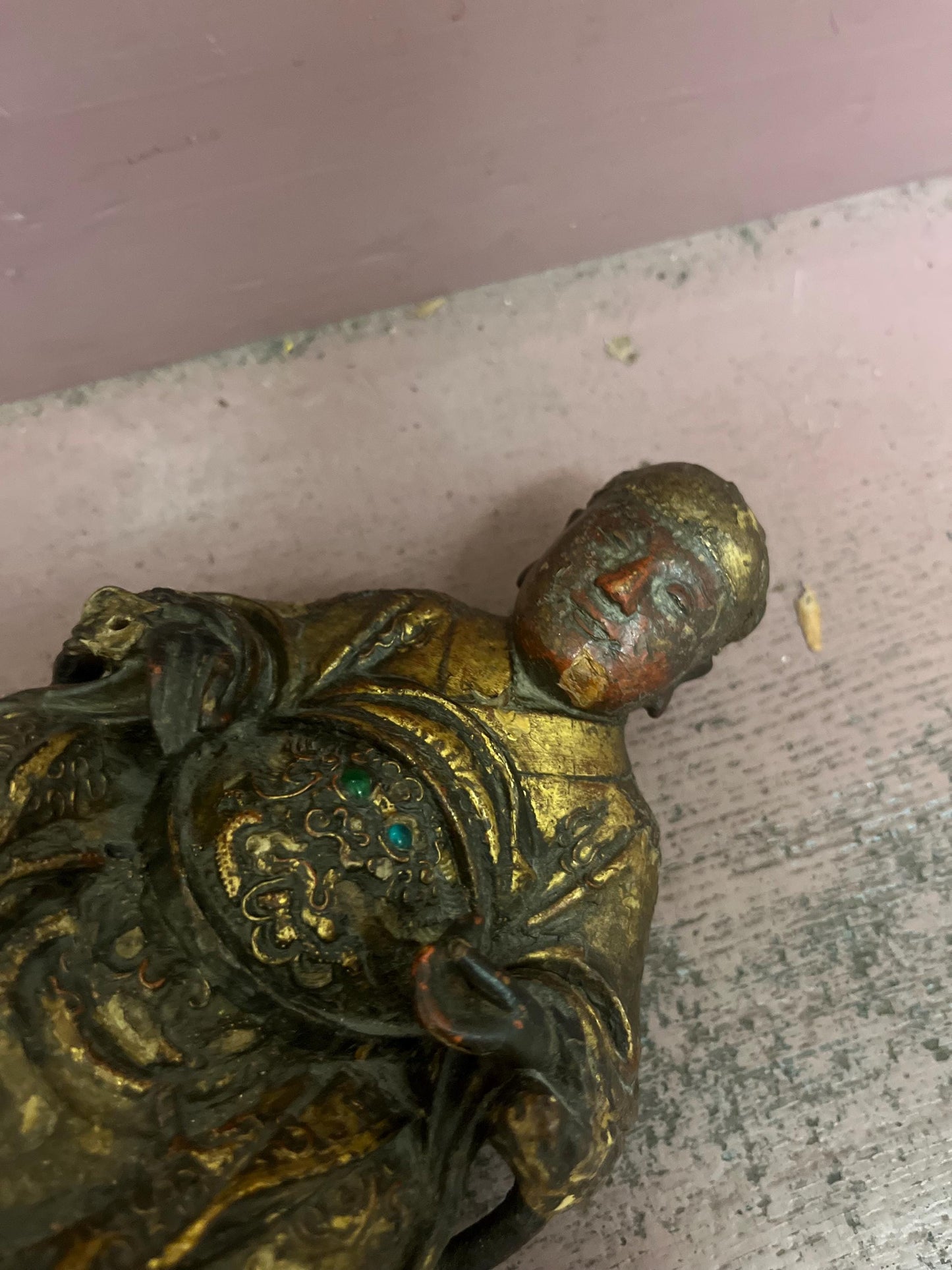 Stunning approx 18th century polychrome Chinese wooden statue of an emperor with glass eyes  great patina and detail  museum piece - 10“