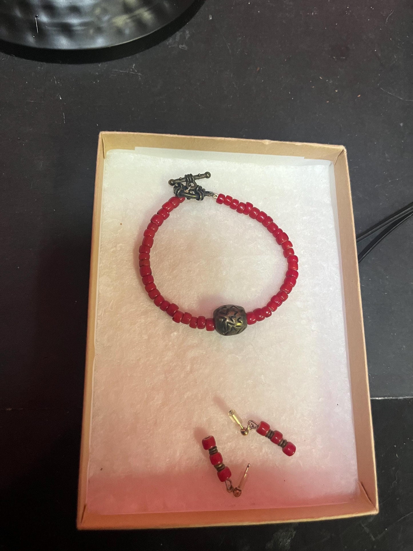 An indigenous First Nations  Canadian antique trade bead 21 inch necklace, bracelet and matching earrings  set in box  made recently -