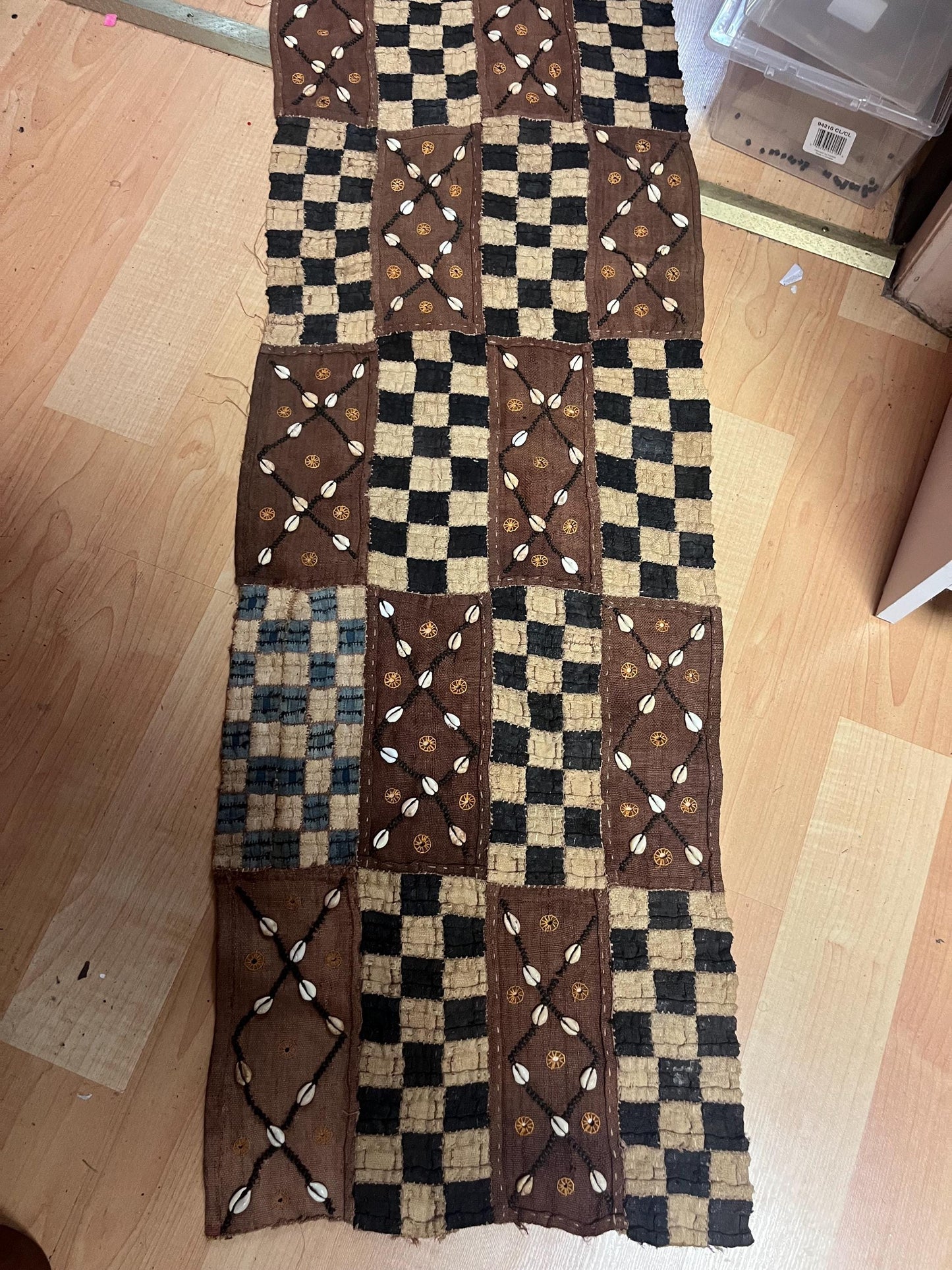 Crazy cool 59 x 15 wide antique oceanic table runner or just amazing fabric with puka shells - great old old condition so see photos  wow