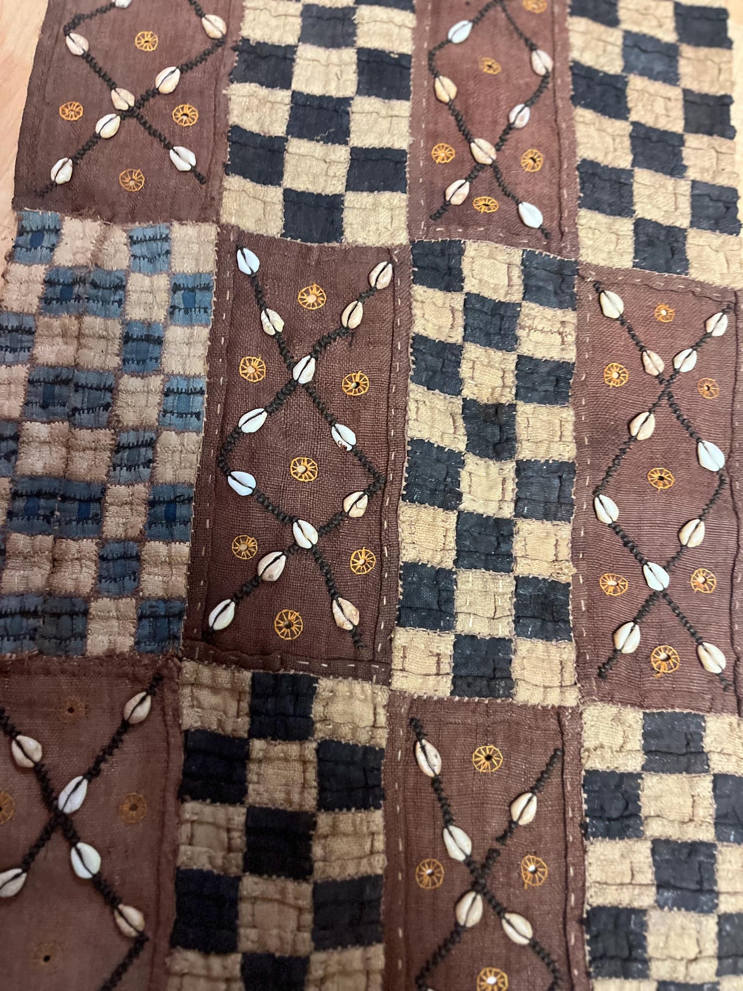 Crazy cool 59 x 15 wide antique oceanic table runner or just amazing fabric with puka shells - great old old condition so see photos  wow