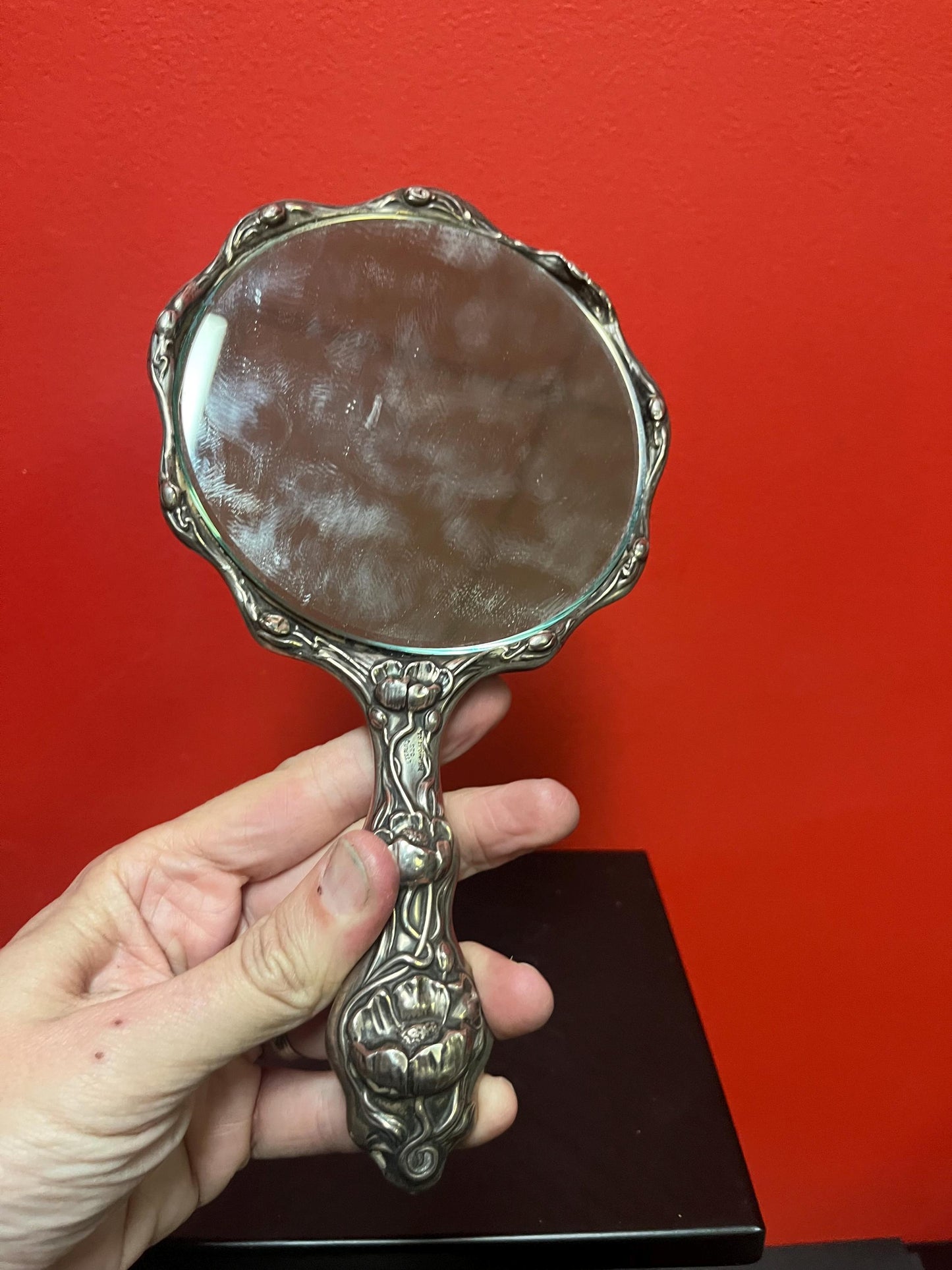 Stunning 9.5 inch long 1910 American sterling hand mirror with embossed flowers  tiny dents around the edge - great gift - great value - B
