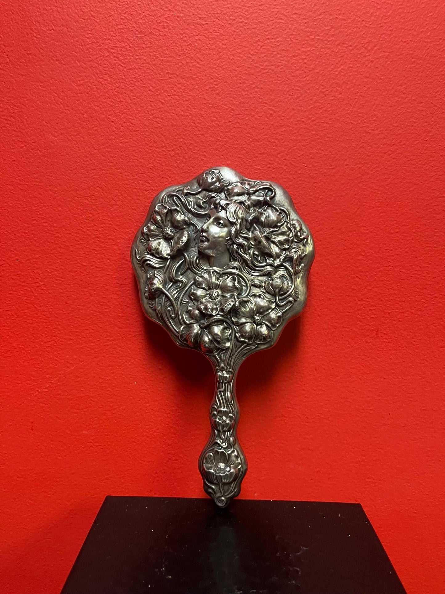 Stunning 9.5 inch long 1910 American sterling hand mirror with embossed flowers  tiny dents around the edge - great gift - great value - B