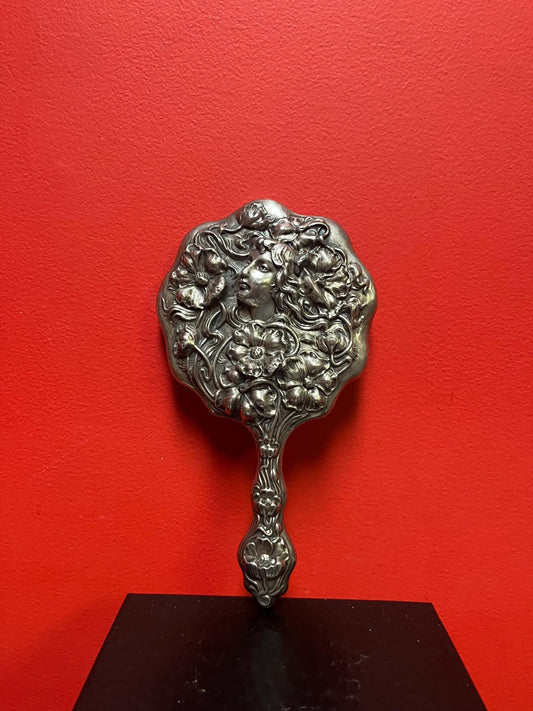 Stunning 9.5 inch long 1910 American sterling hand mirror with embossed flowers  tiny dents around the edge - great gift - great value - B