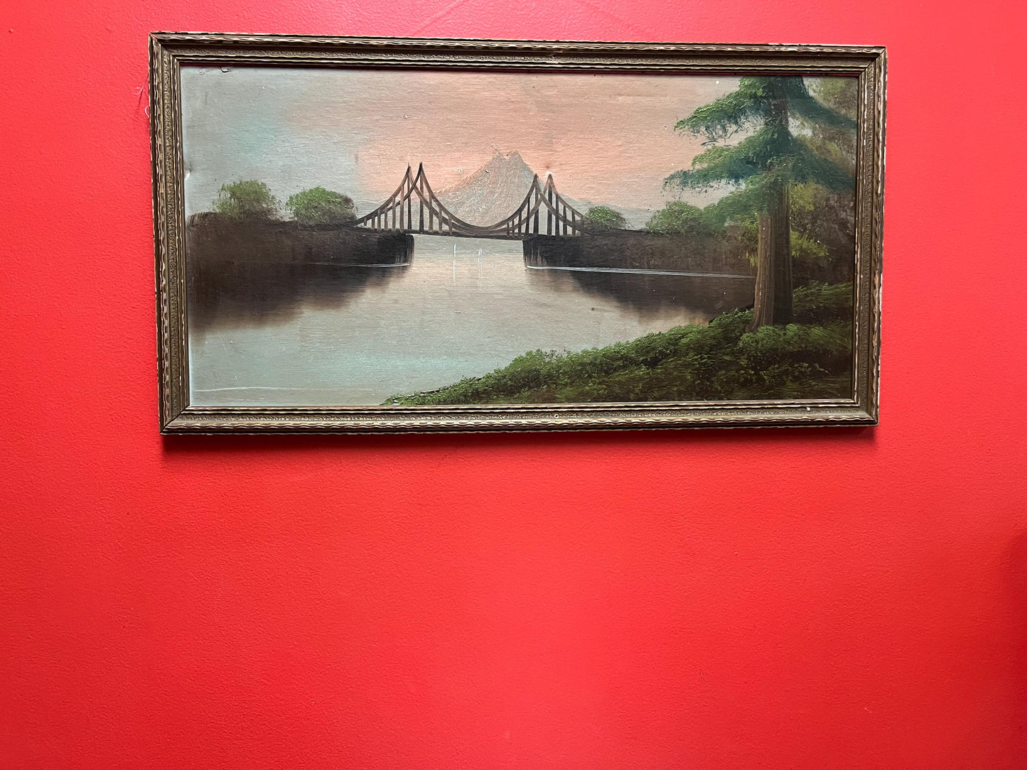 Beautiful antique 26 x 14“ framed original painting on board — lovely detail and great condition for age — harbour mountain scene -