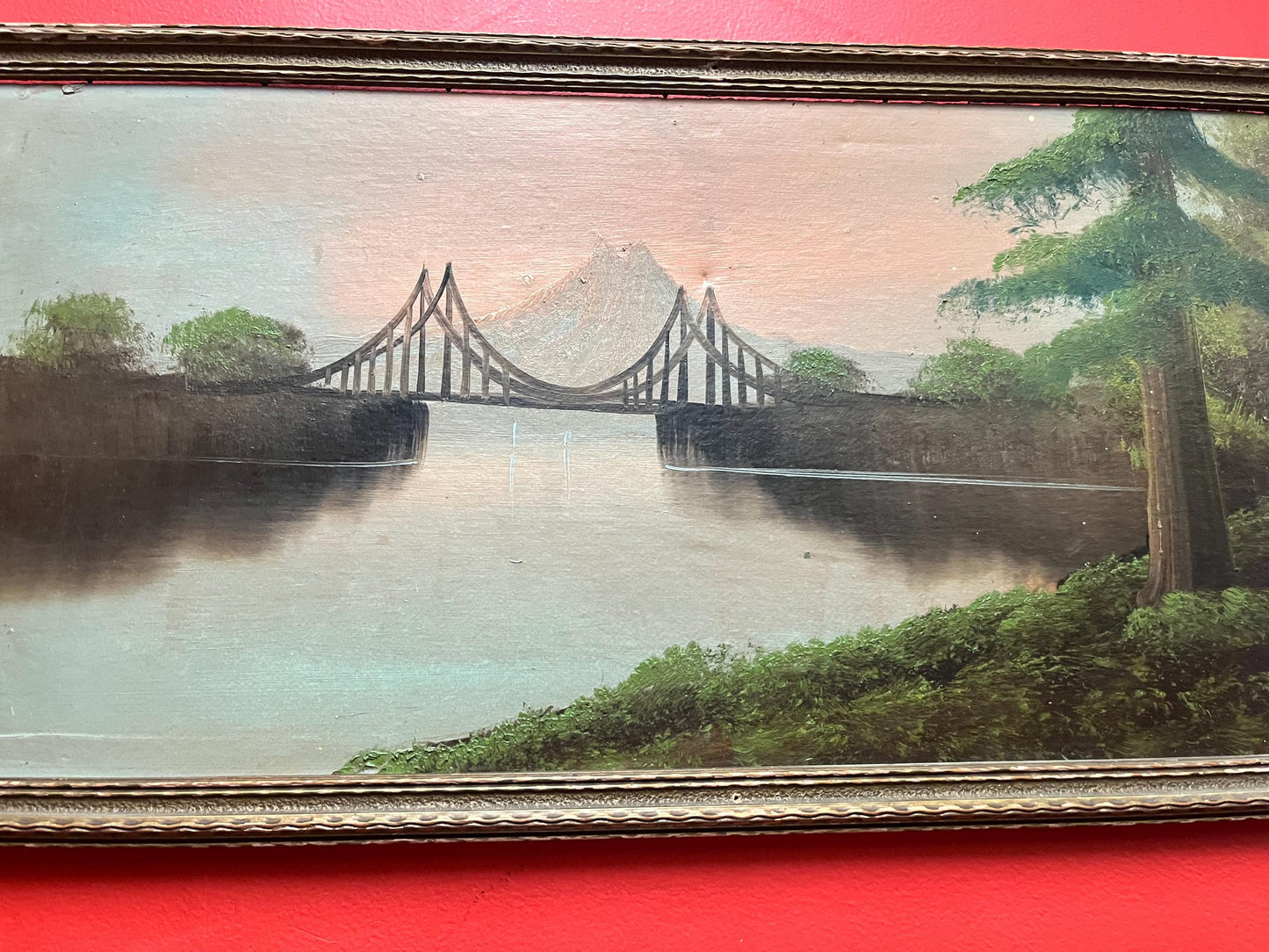 Beautiful antique 26 x 14“ framed original painting on board — lovely detail and great condition for age — harbour mountain scene -