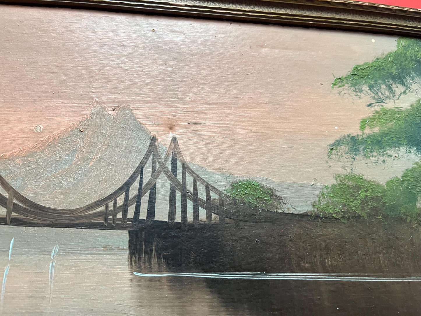 Beautiful antique 26 x 14“ framed original painting on board — lovely detail and great condition for age — harbour mountain scene -