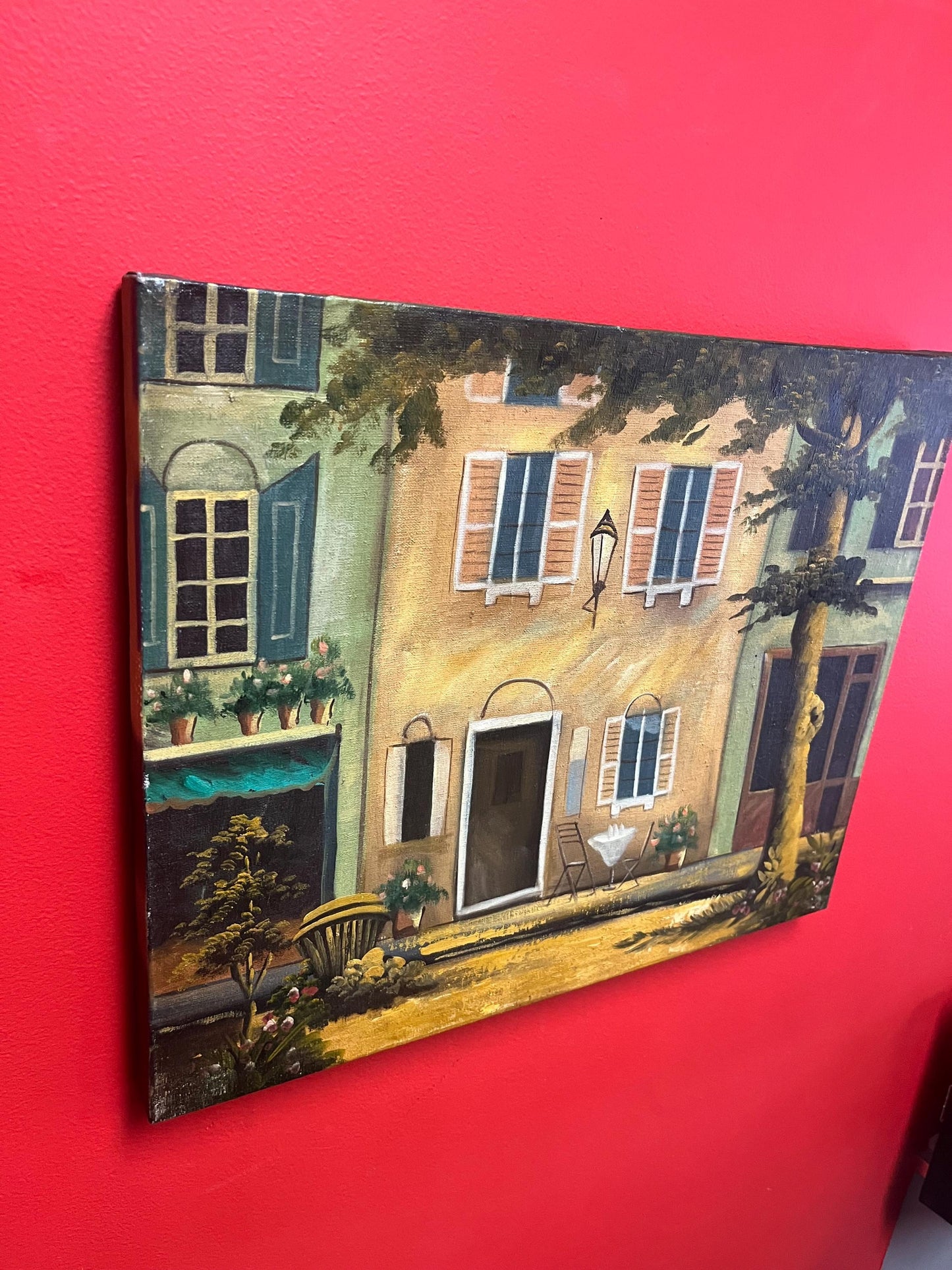 20 x 16 inch old original painting on canvas   lovely building scene  antique good condition