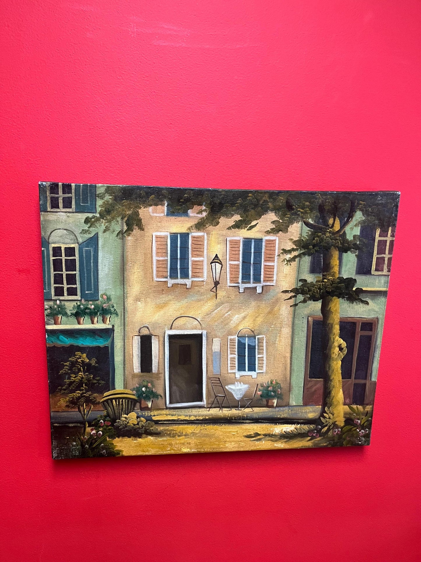 20 x 16 inch old original painting on canvas   lovely building scene  antique good condition