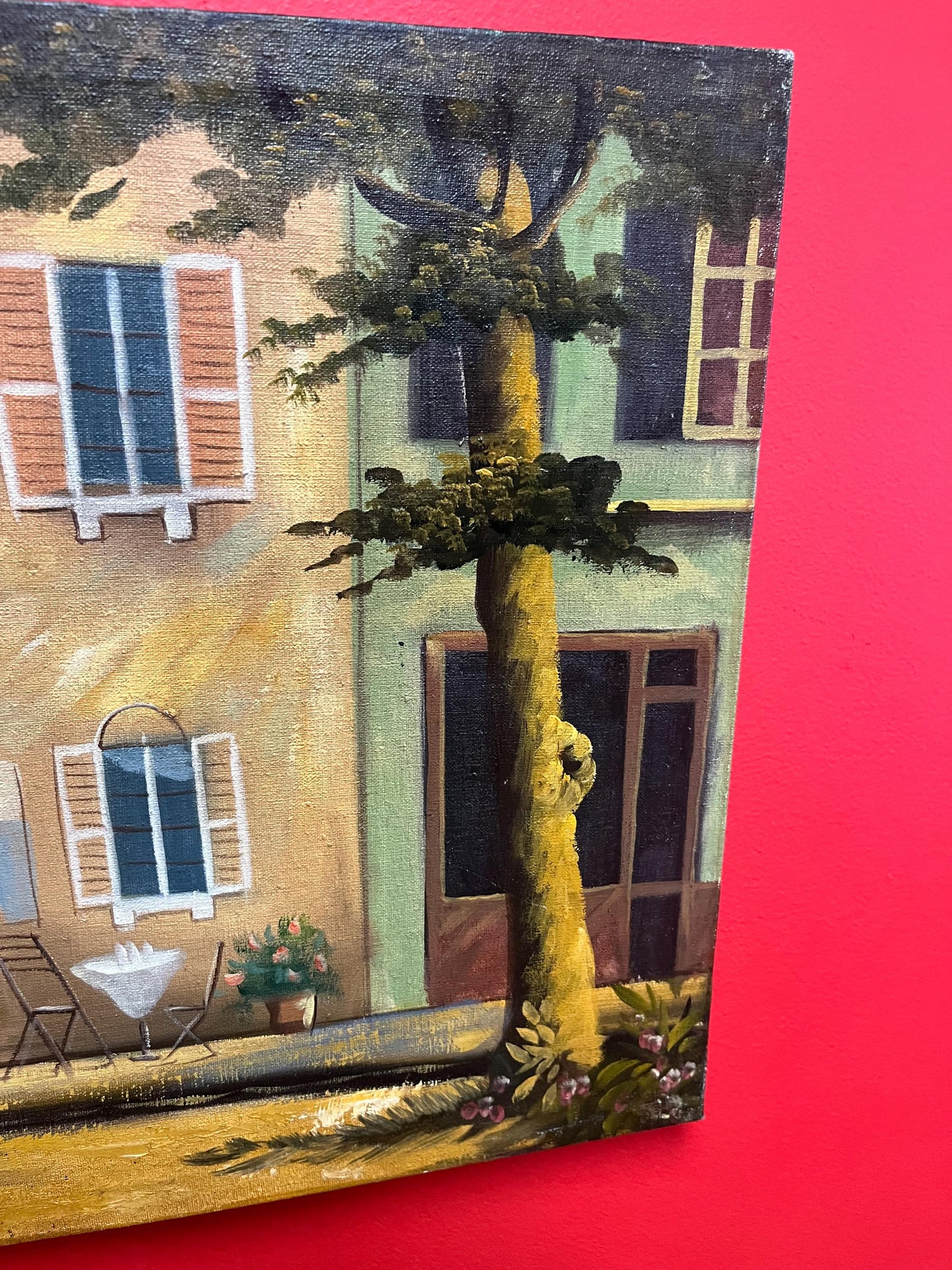 20 x 16 inch old original painting on canvas   lovely building scene  antique good condition