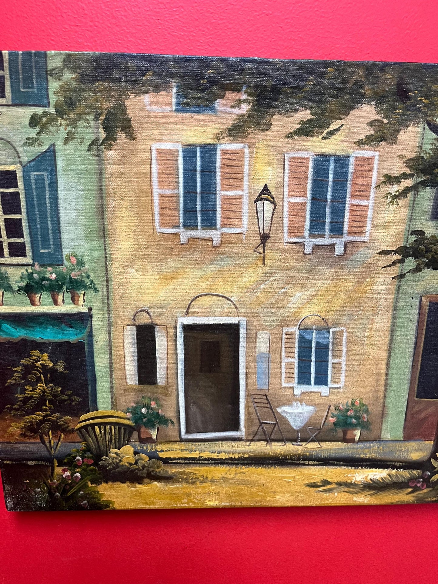 20 x 16 inch old original painting on canvas   lovely building scene  antique good condition