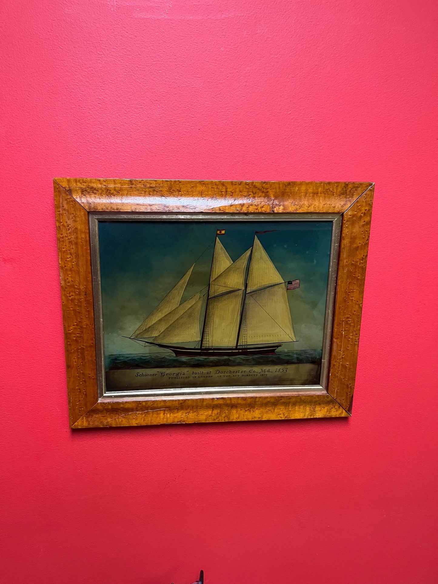 Stunning 1872 “Georgia vessel reverse painted picture in Birds Eye maple frame  beautiful condition and one of a kind -17 x 14 high