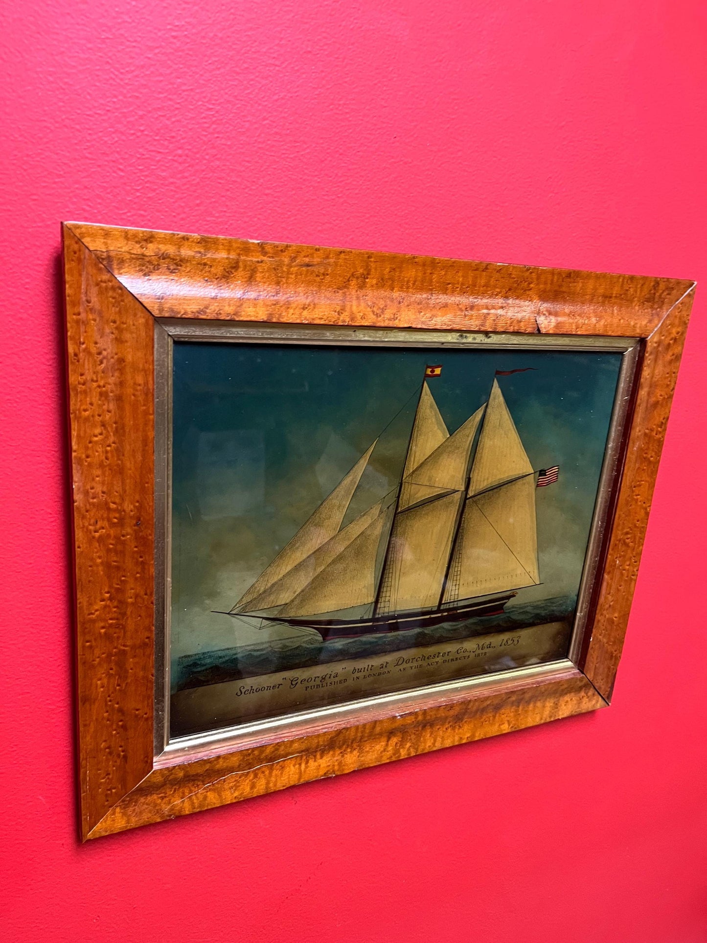 Stunning 1872 “Georgia vessel reverse painted picture in Birds Eye maple frame  beautiful condition and one of a kind -17 x 14 high