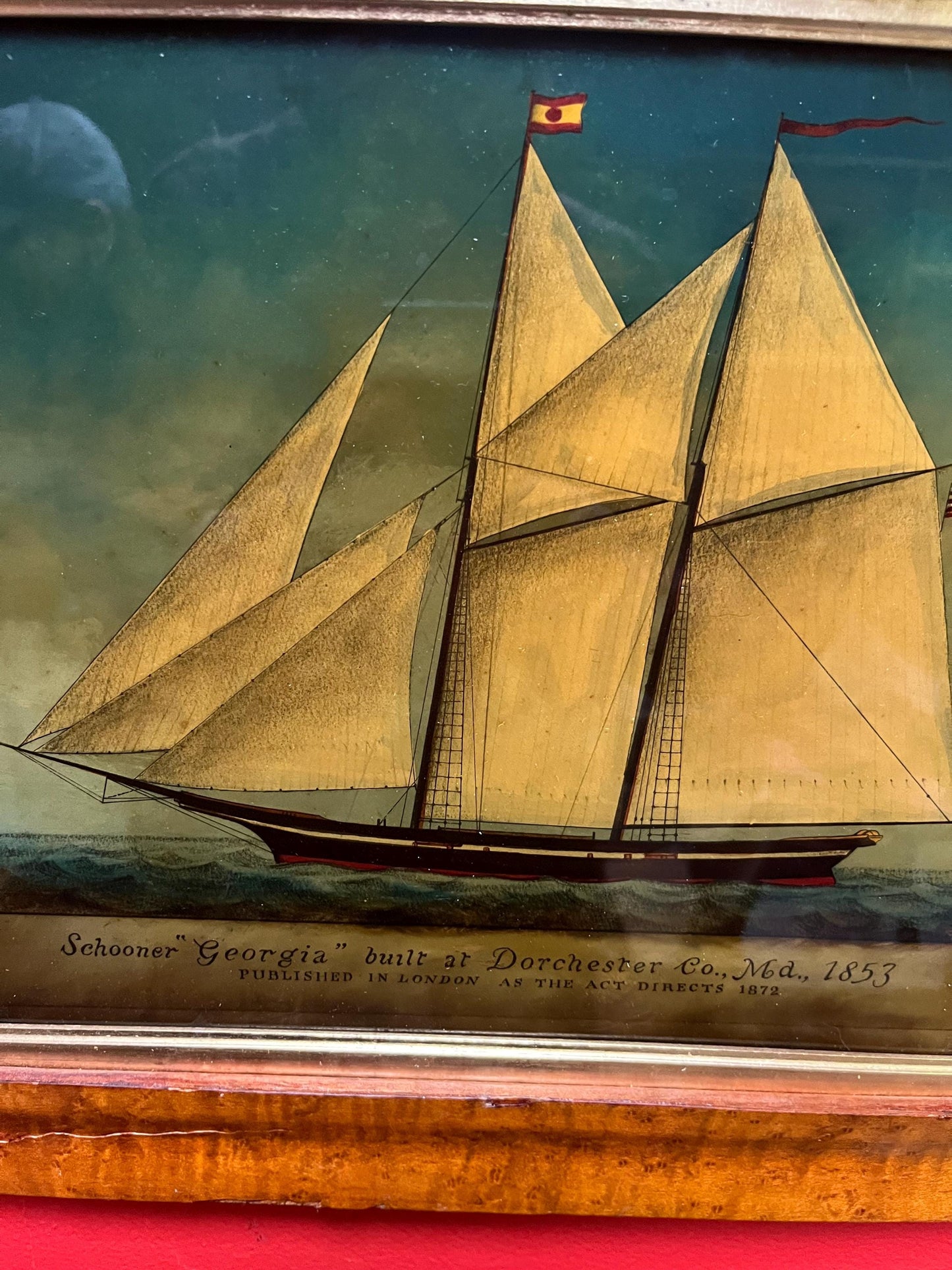 Stunning 1872 “Georgia vessel reverse painted picture in Birds Eye maple frame  beautiful condition and one of a kind -17 x 14 high