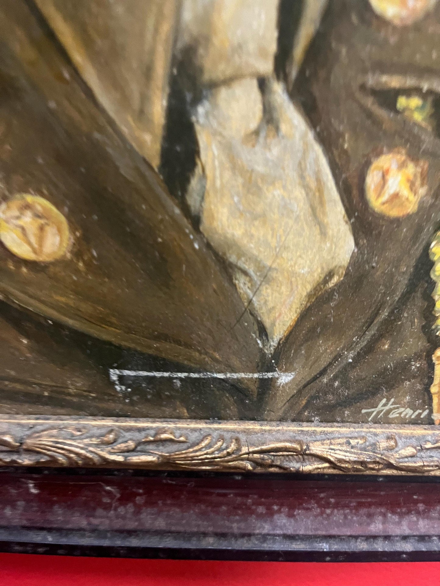 Stunning 17 x 15 framed, signed French oil painting of a US soldier  some minor minor damage- wonderful historical piece