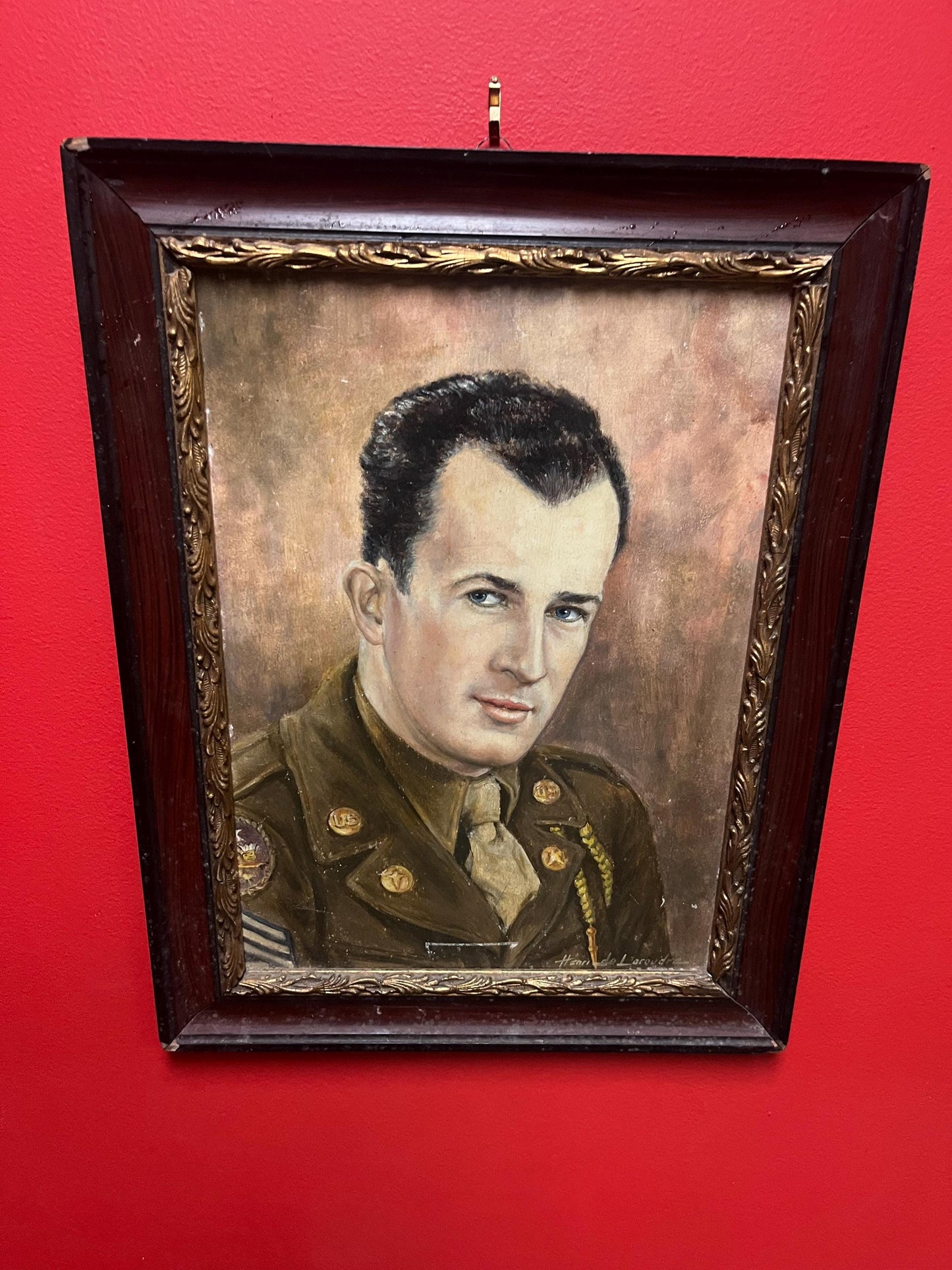 Stunning 17 x 15 framed, signed French oil painting of a US soldier  some minor minor damage- wonderful historical piece