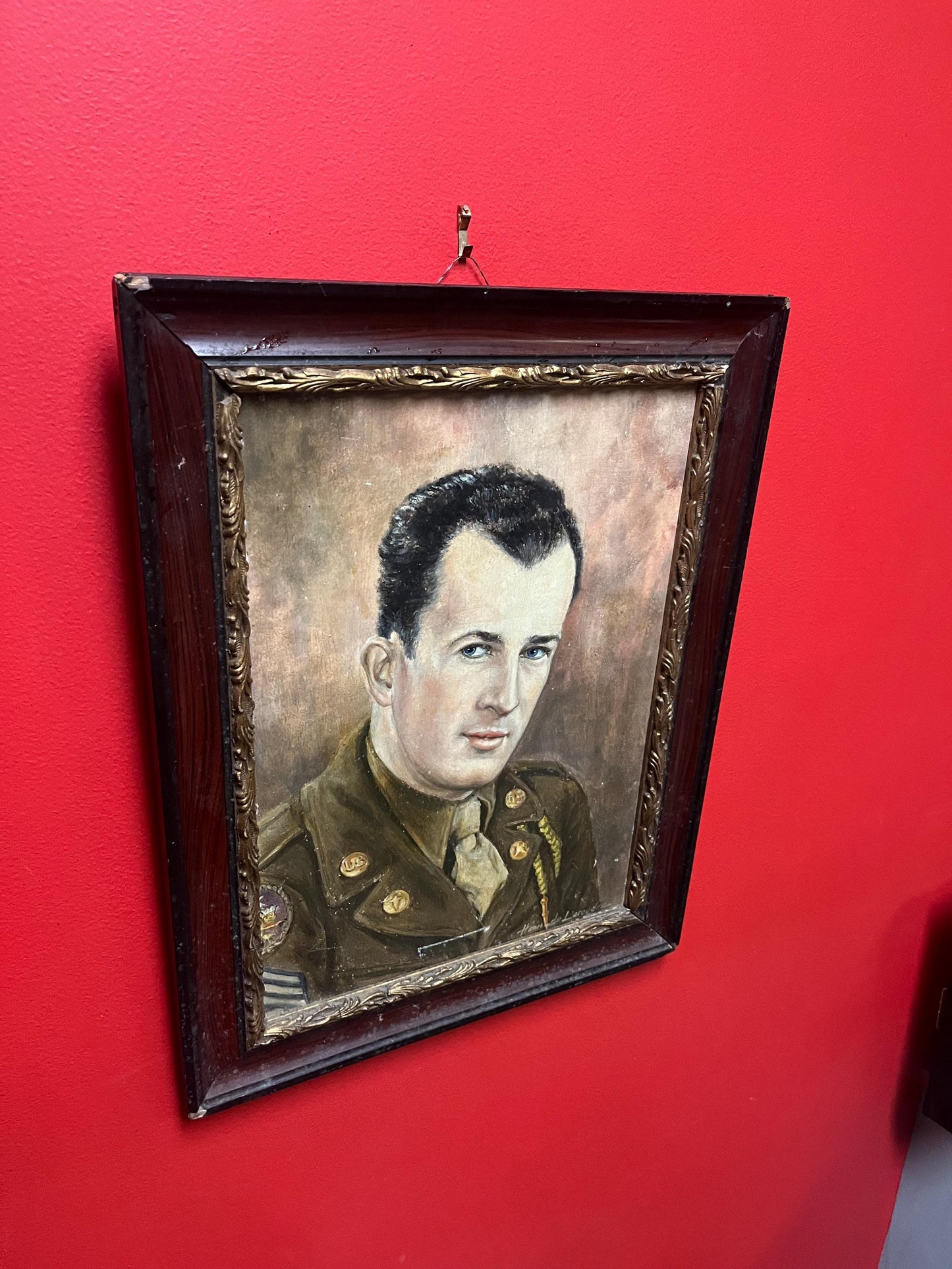 Stunning 17 x 15 framed, signed French oil painting of a US soldier  some minor minor damage- wonderful historical piece