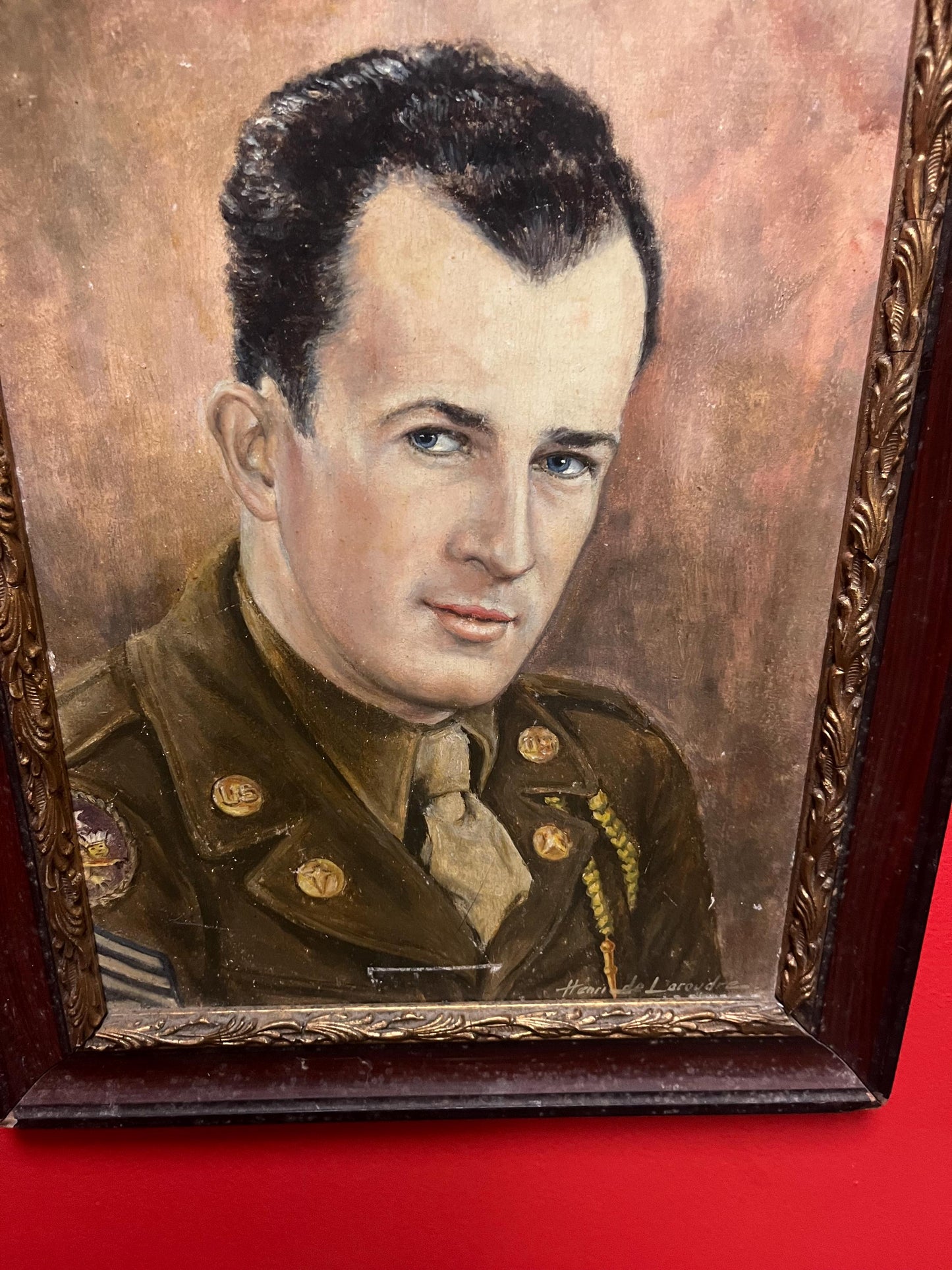 Stunning 17 x 15 framed, signed French oil painting of a US soldier  some minor minor damage- wonderful historical piece
