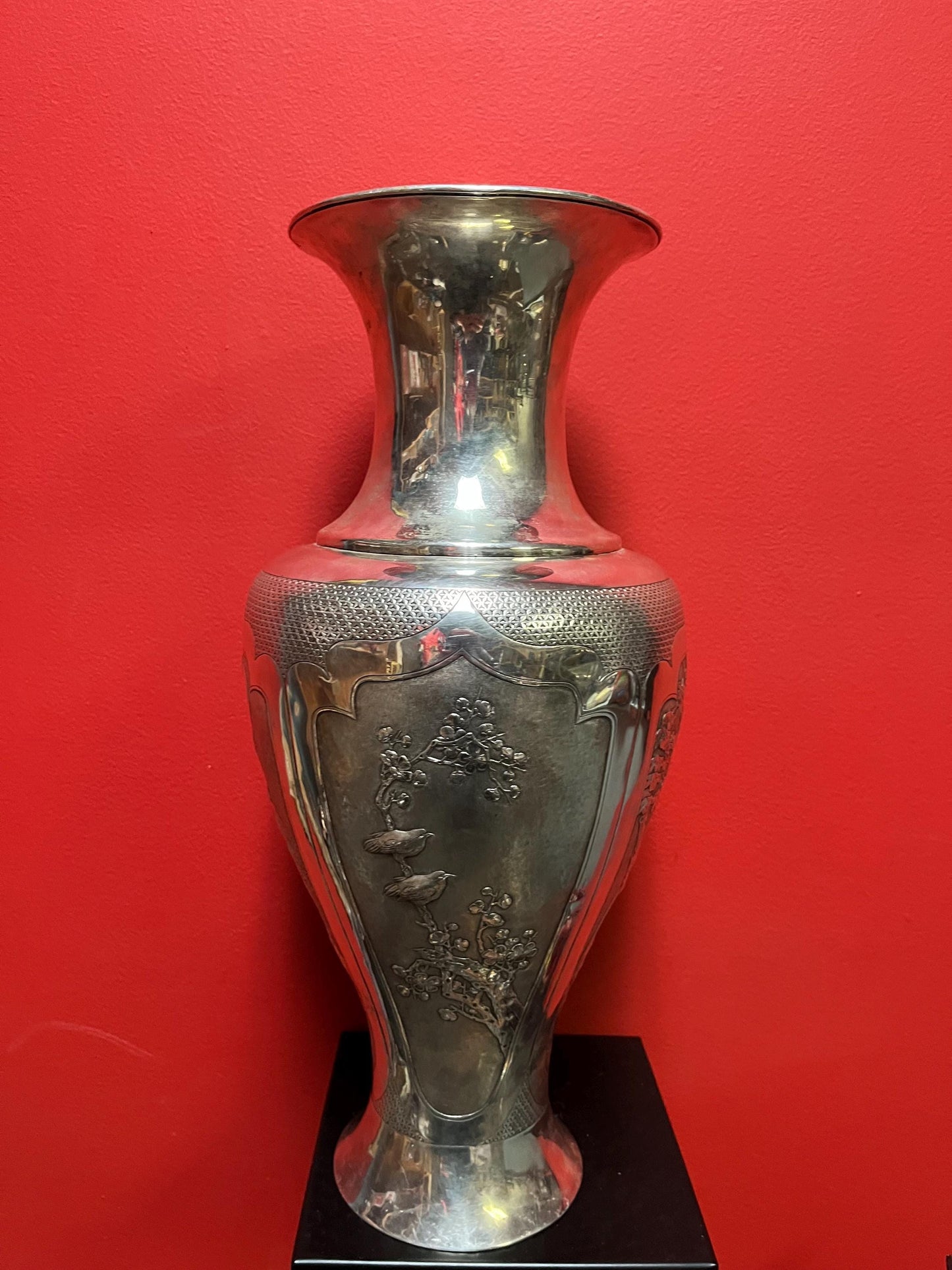 Massive 18 inch tall antique signed Japanese silver vase with amazing imagery  see description for details