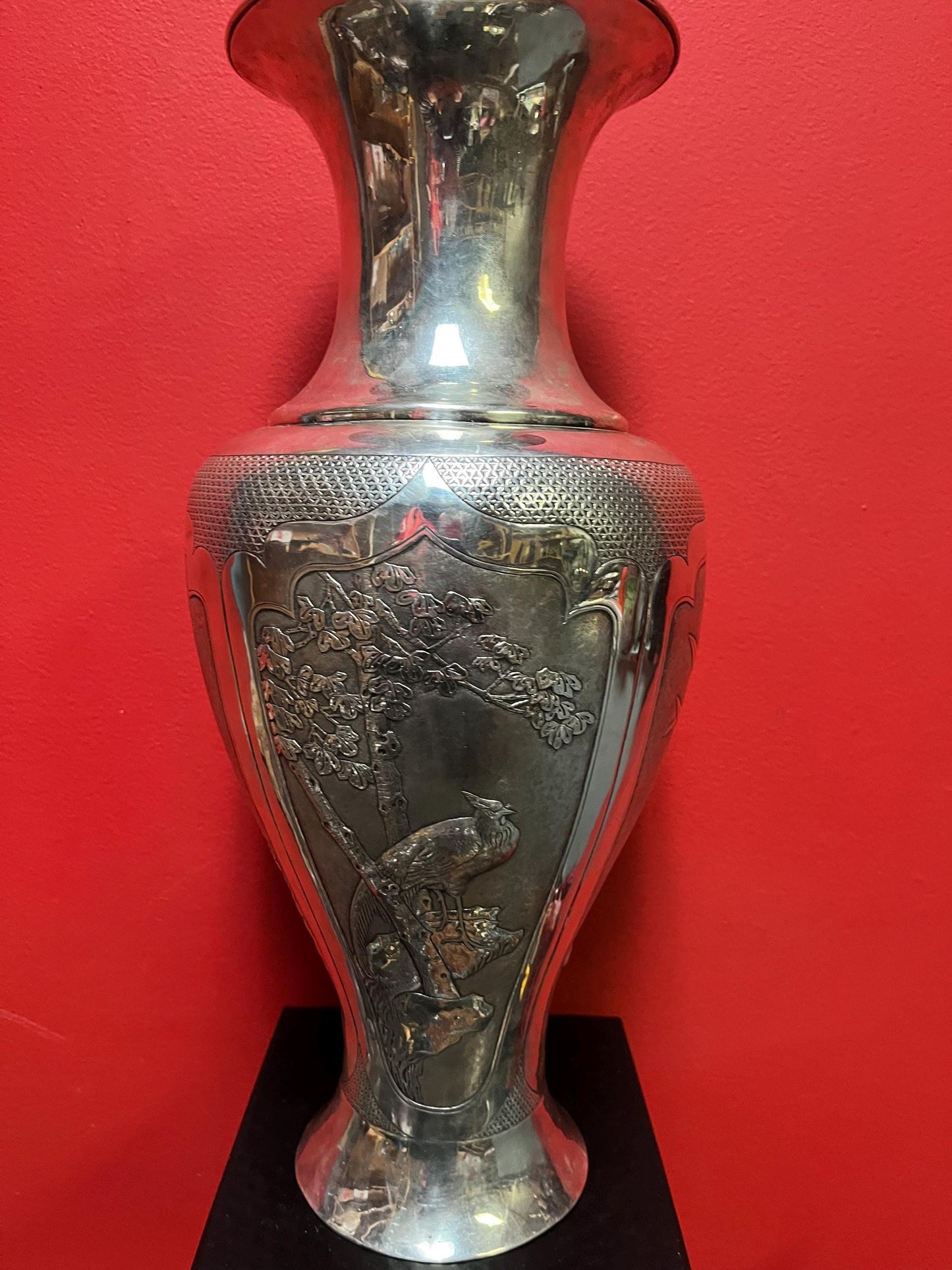 Massive 18 inch tall antique signed Japanese silver vase with amazing imagery  see description for details