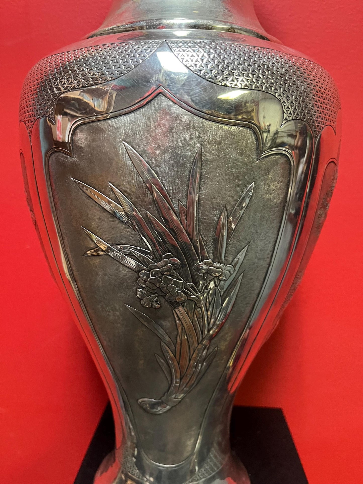 Massive 18 inch tall antique signed Japanese silver vase with amazing imagery  see description for details